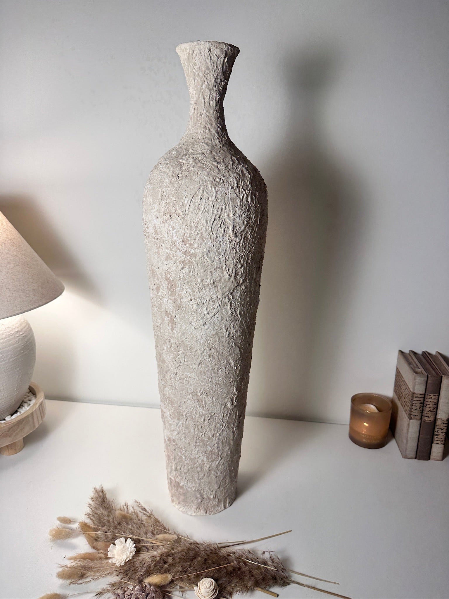 Floor Vase 32" tall minimalist hand-painted metal texture - cream wash