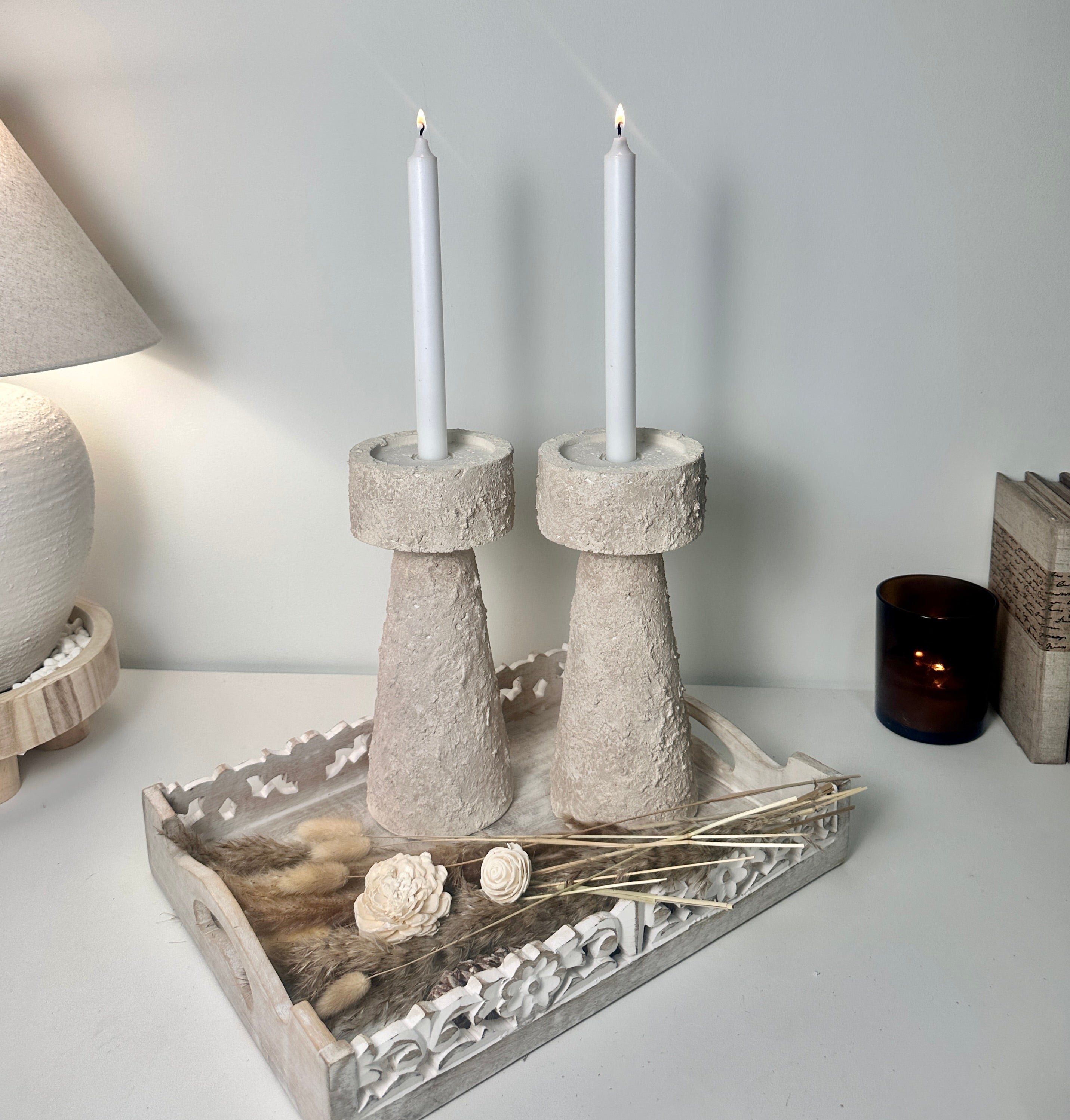 Set of 2 candle holder tray and stick minimalist style 11" tall - Cream wash