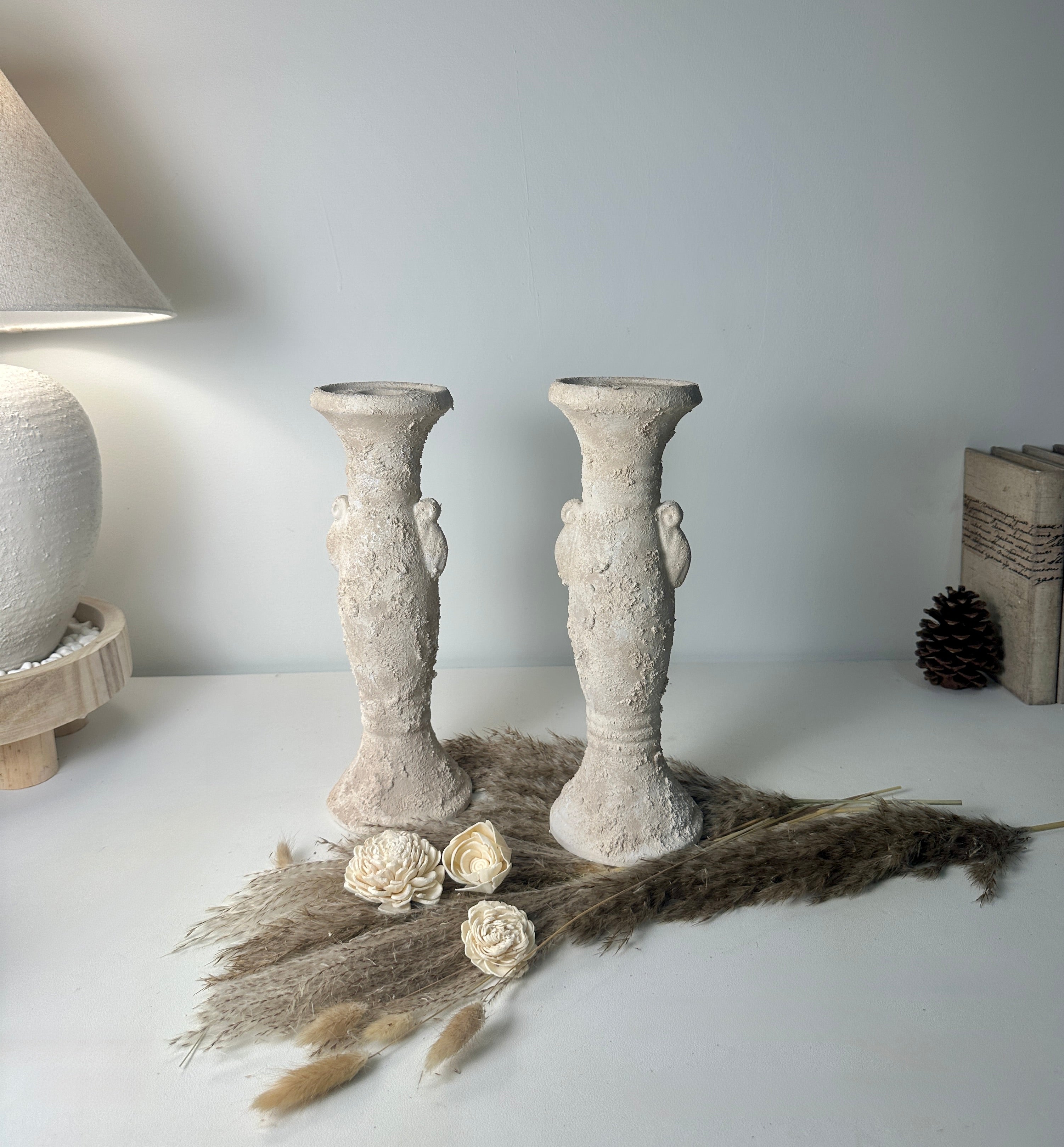 Set of 2 candlestick tray holders hand-painted and textured minimalist roman style 12" tall - Cream Sand wash