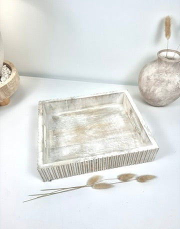 Boho Handmade Serving Wooden Tray Whitewash Finish with Stripes 12x10x2.5”