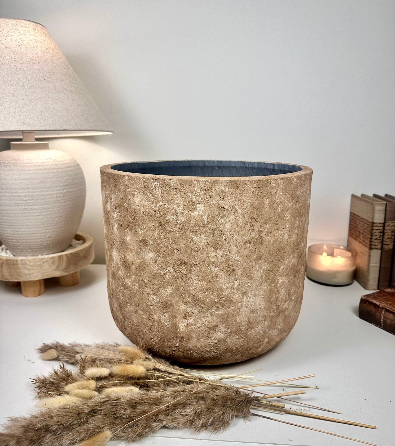 Rustic Hand-Painted & Textured Planter 12" tall with drainage hole one time creation - Brown washed