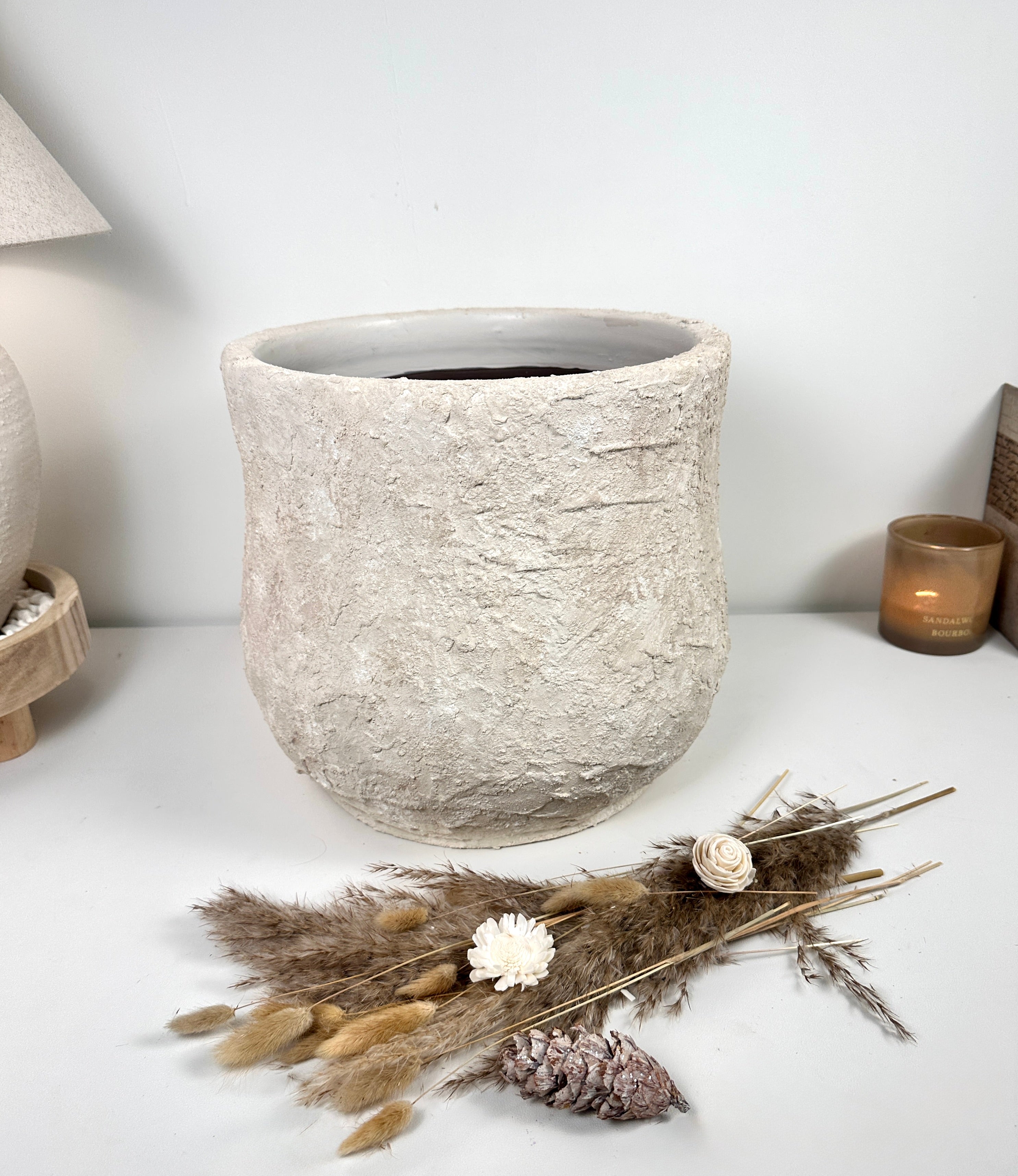 Minimalist Hand-Painted & Textured Planter Pot 12" tall with drainage hole one time creation - Cream Linen wash