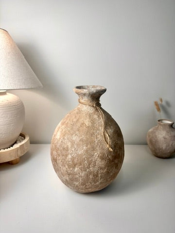 Rustic Hand-Painted Ceramic Round Bottle Vase 15" tall -  Brown Washed