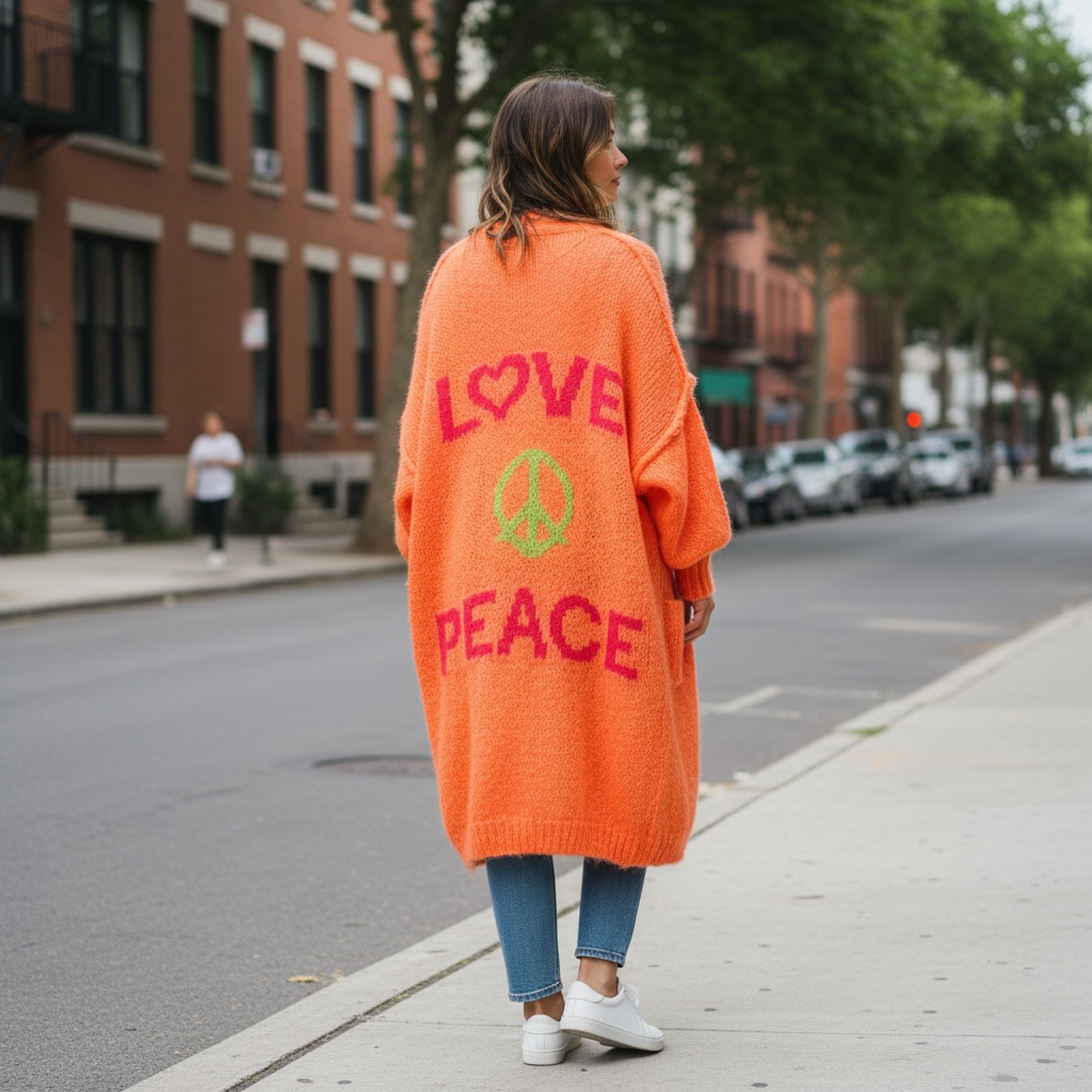 Cozy Women's Love Peace Graphic Oversized Cardigan Sweater Long Sleeve