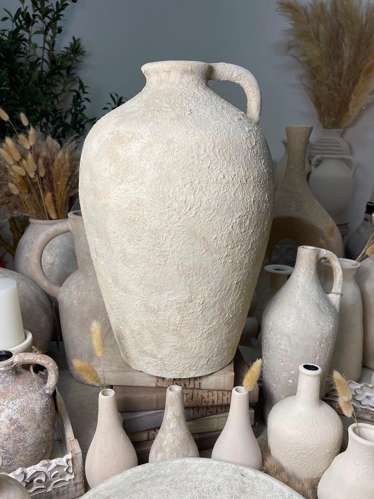 Amphora-inspired Shape Vase With One Handle, Painted And Textured By Hand, Off White/ Cream