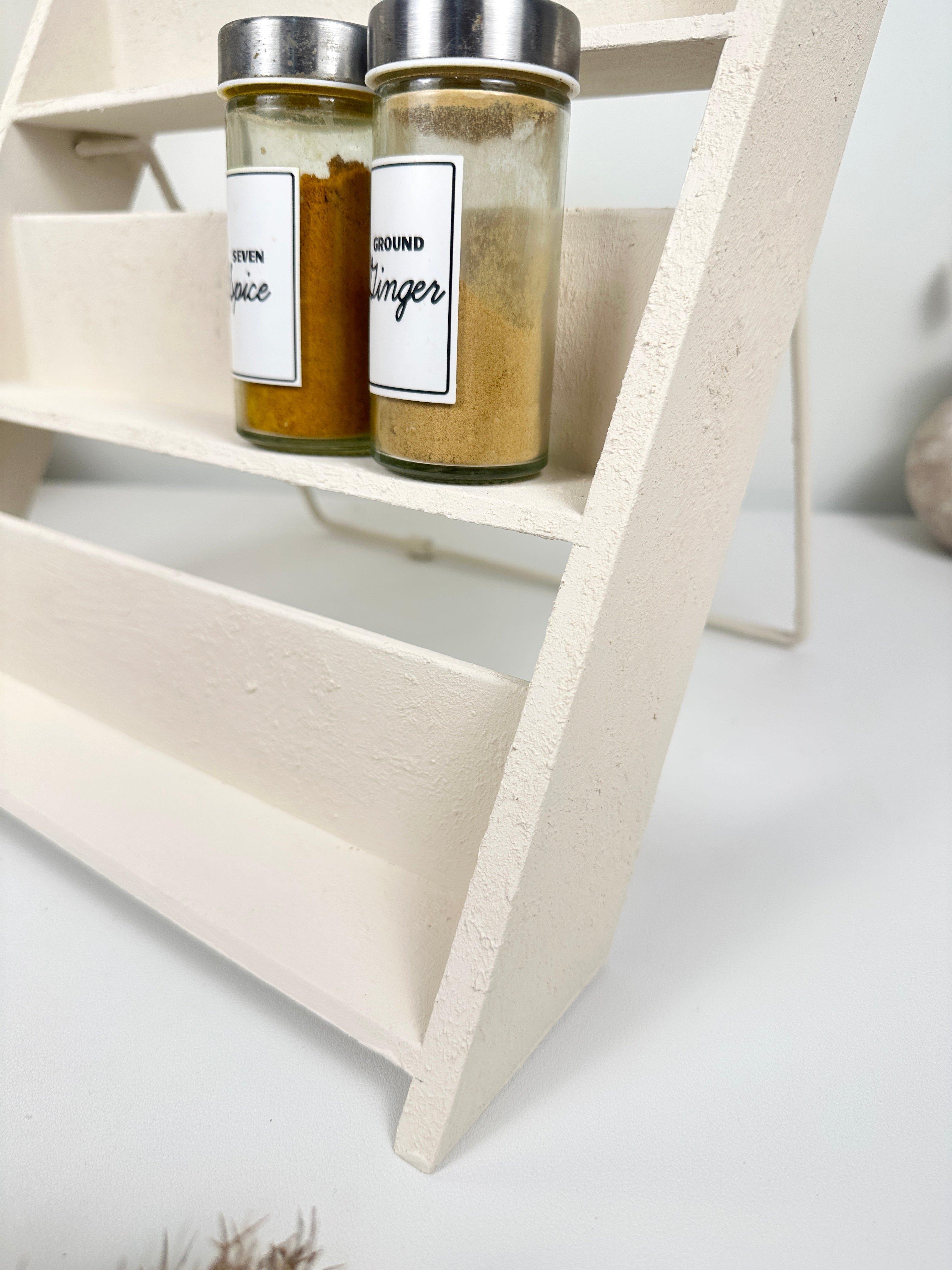 Minimalist Textured Kitchen Spice Wood Stand Rack (can fit 18 spice jars) - Cream