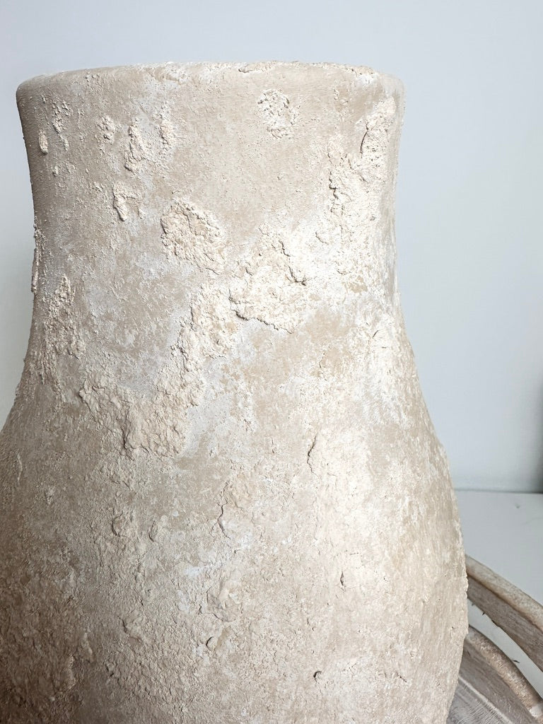 Rustic Hand-painted Ceramic Decorative Vase 10"  - Light Beige wash