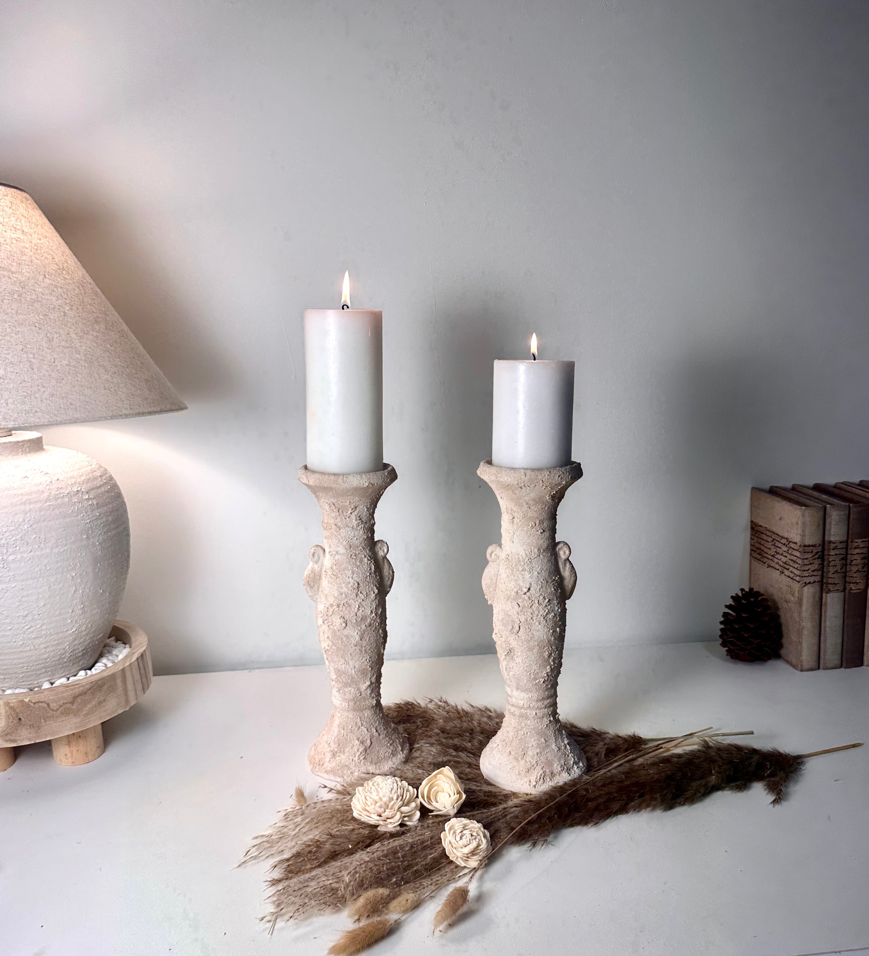 Set of 2 candlestick tray holders hand-painted and textured minimalist roman style 12" tall - Cream Sand wash