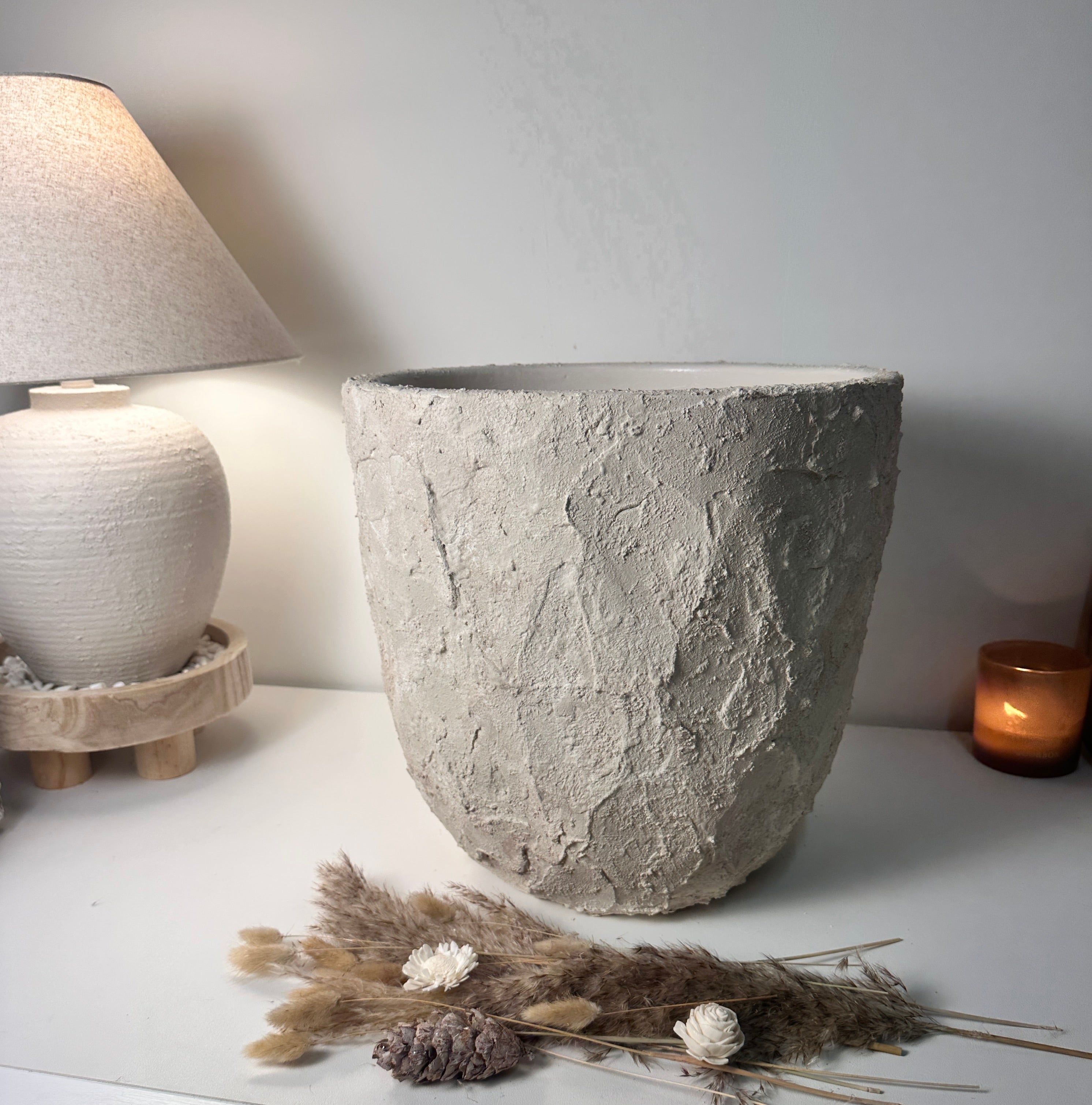Minimalist Hand-Painted & Textured Planter Pot 14" tall with drainage hole one time creation - Cream