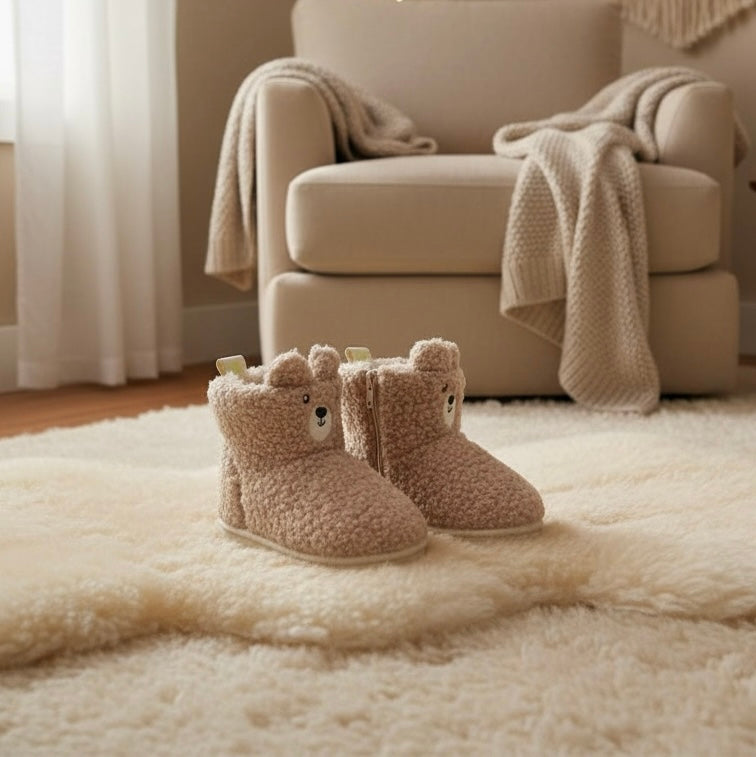 Cozy Winter Sherpa Fleece Bootie Slippers, Plush Lined Indoor House Bear Shoes for Toddlers, Beige
