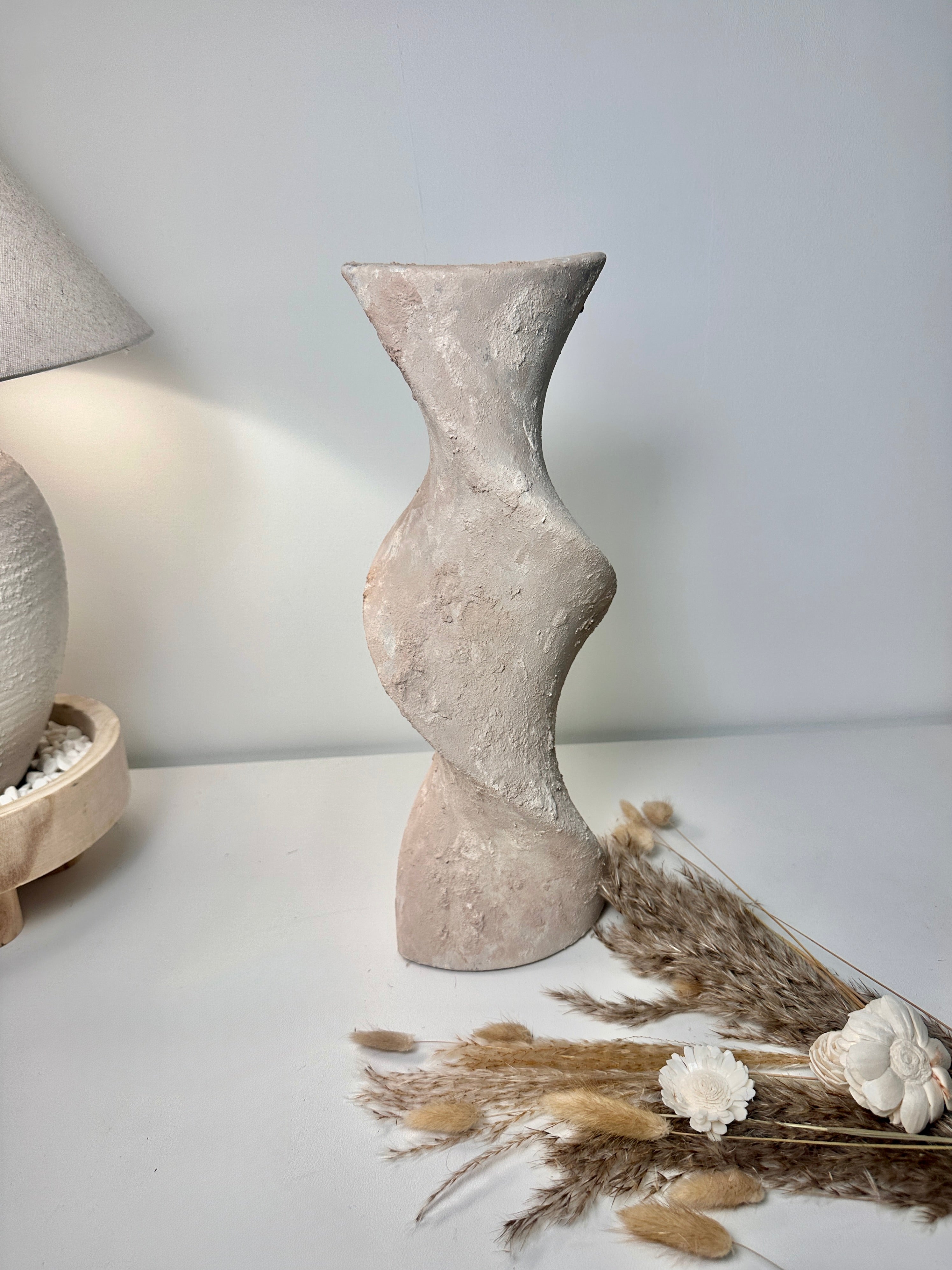 Minimalist Twisted Textured Hand-painted Ceramic Vase 16" Light Beige Wash