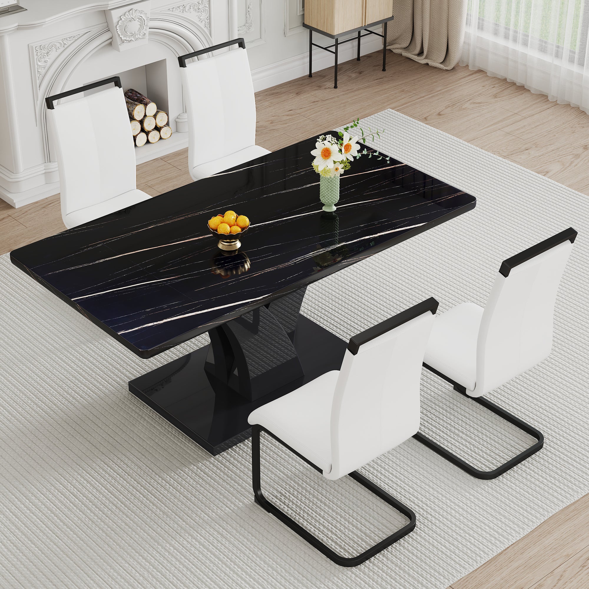 Modern Dining Table, Black Desktop and Black MDF Leg