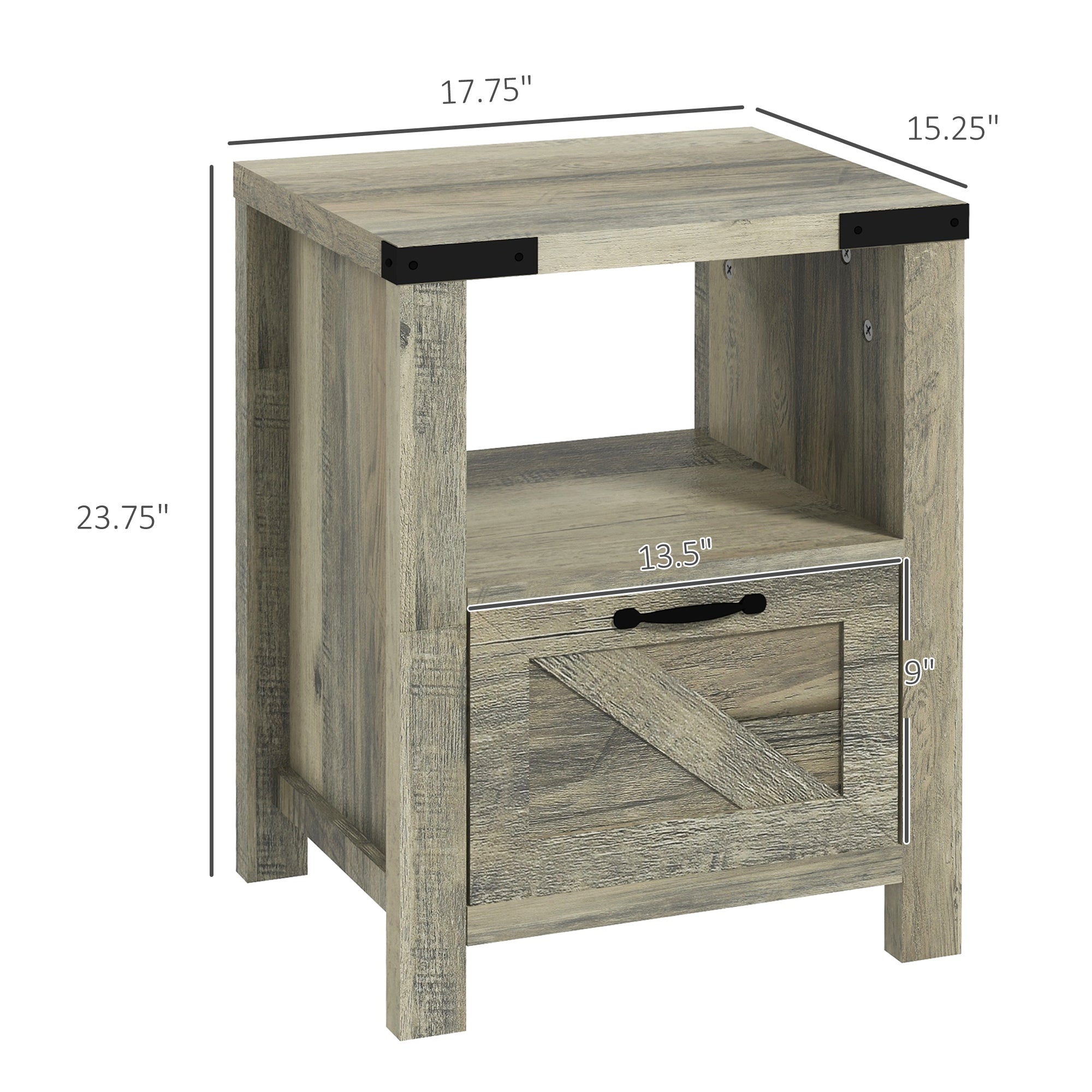 Farmhouse End Table, Rustic Side Cabinet with Drawer - Gray