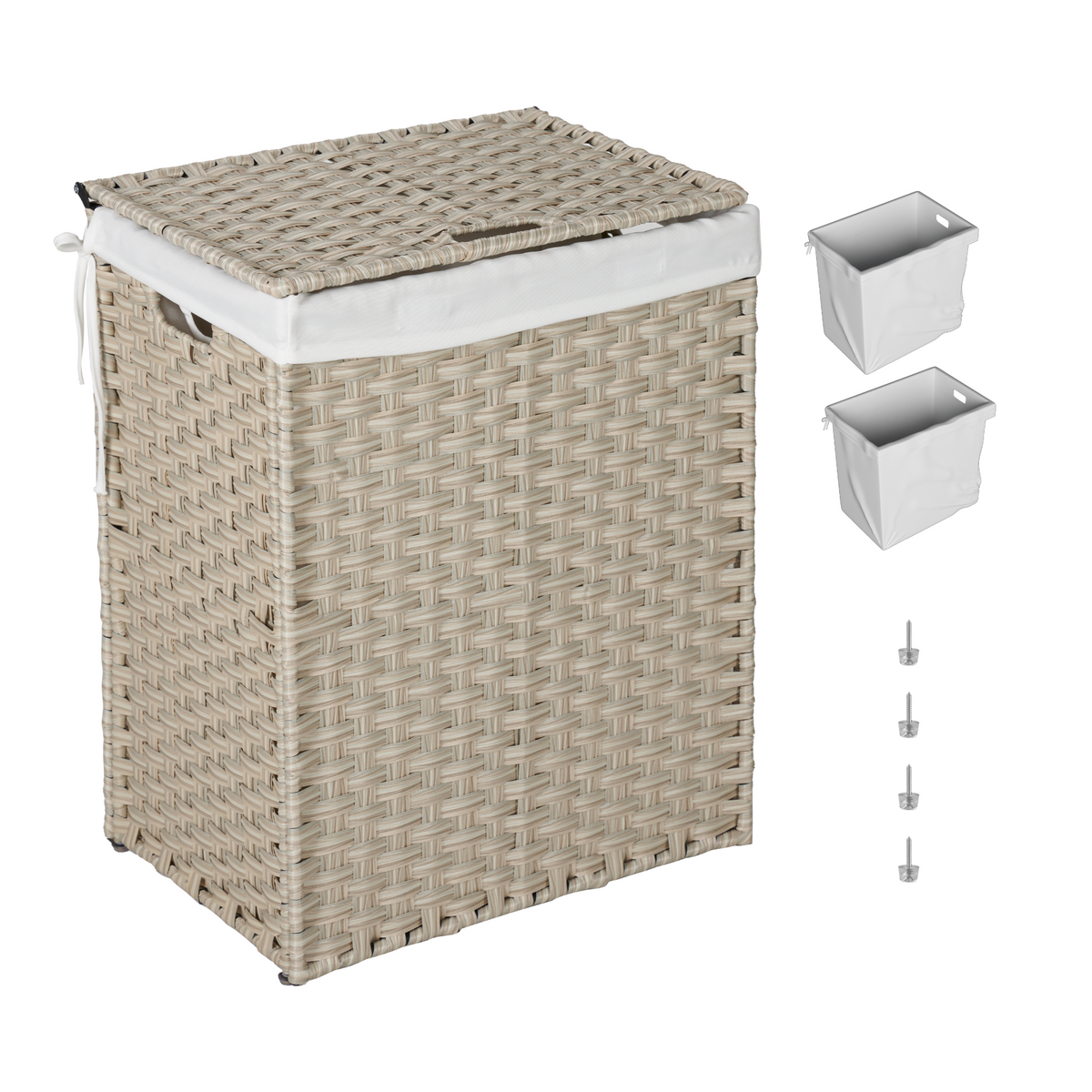 Laundry Hamper With Lid PE Rattan Powder Coating Frame Clothes with 2 Removable Bags, 100L - Light Grey