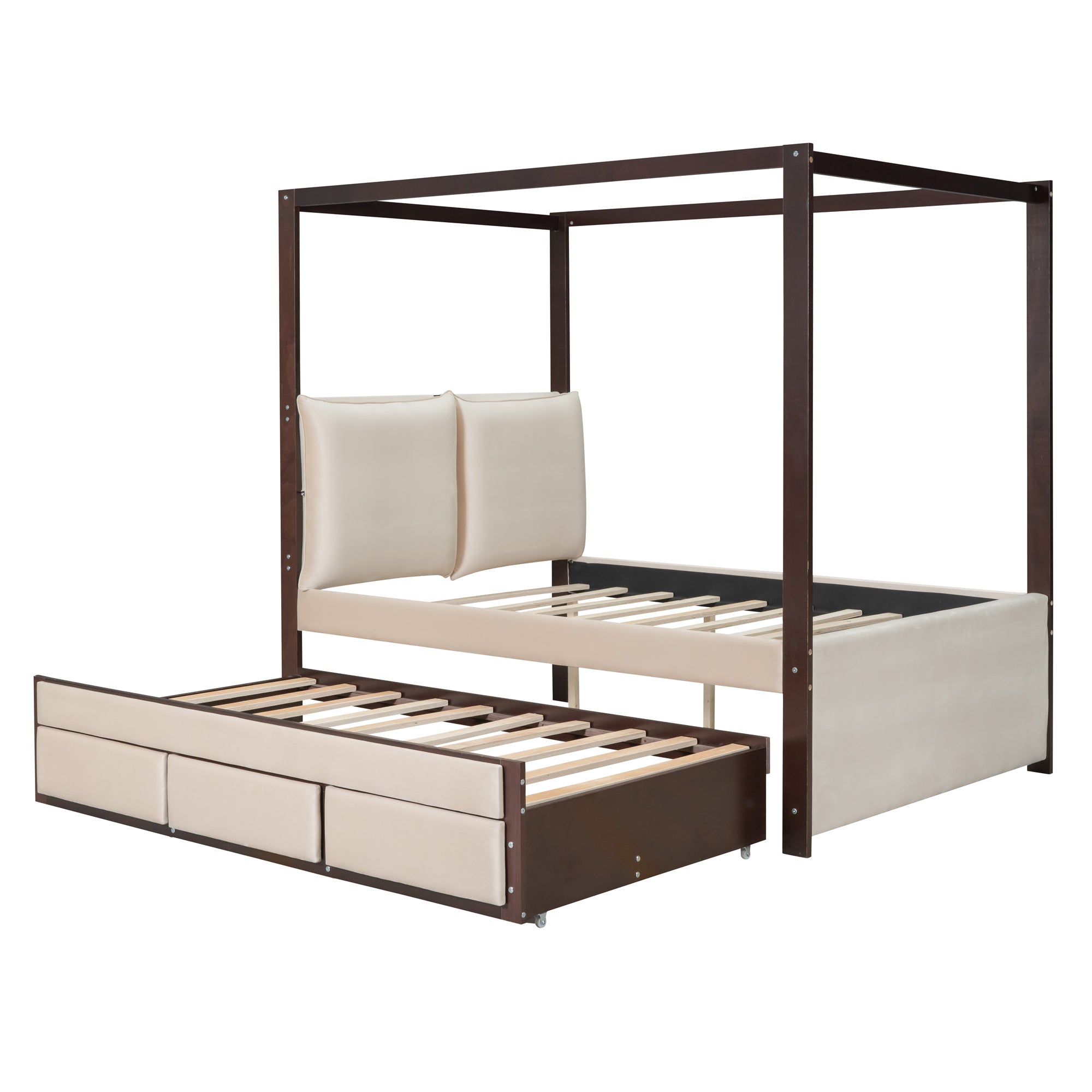 Full Size Upholstered  Canopy Bed with Trundle and 3 Drawers - Beige