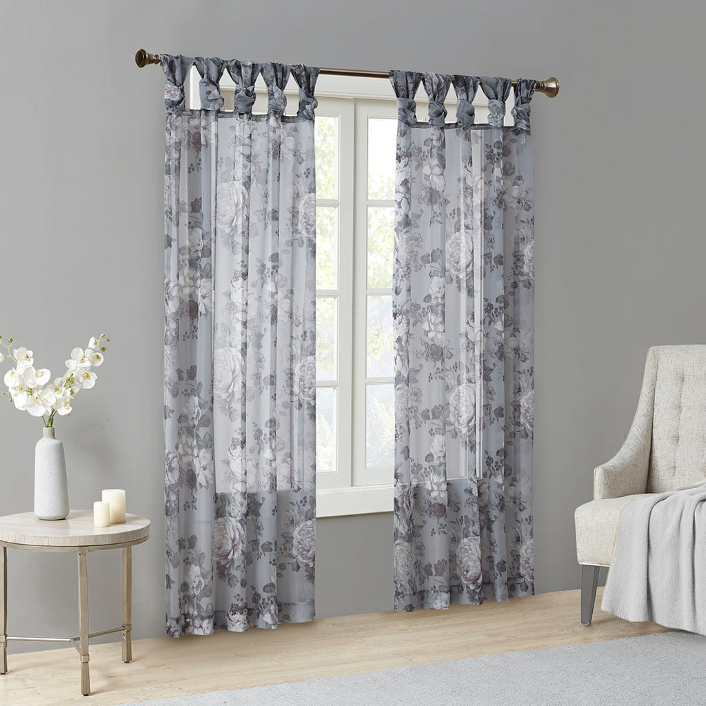 Printed Floral Twist Tab Top Voile Sheer Curtain - Grey