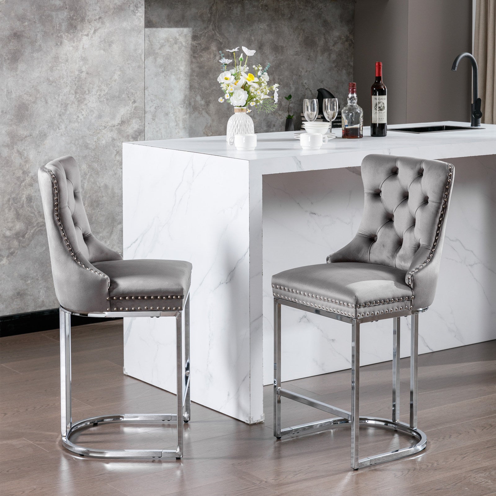 Set of 2, 26" Counter Height Modern Velvet Barstools with Button Back&Rivet Trim Upholstered Kitchen Island Chairs with Sturdy Chromed Metal Base Legs Farmhouse - Gray