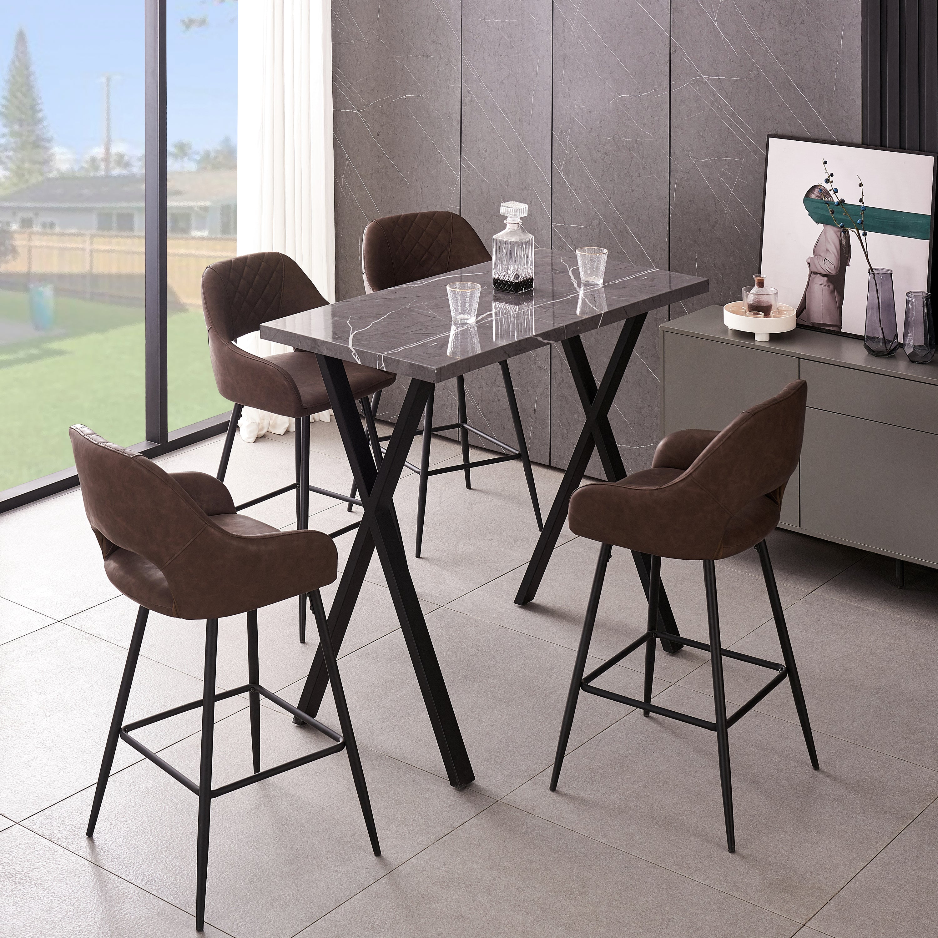 Bar Stools Set of 2 Leather Brown Breakfast Dining Bar Stools Fixed Height Bar Chairs with Metal Frame and Footrest
