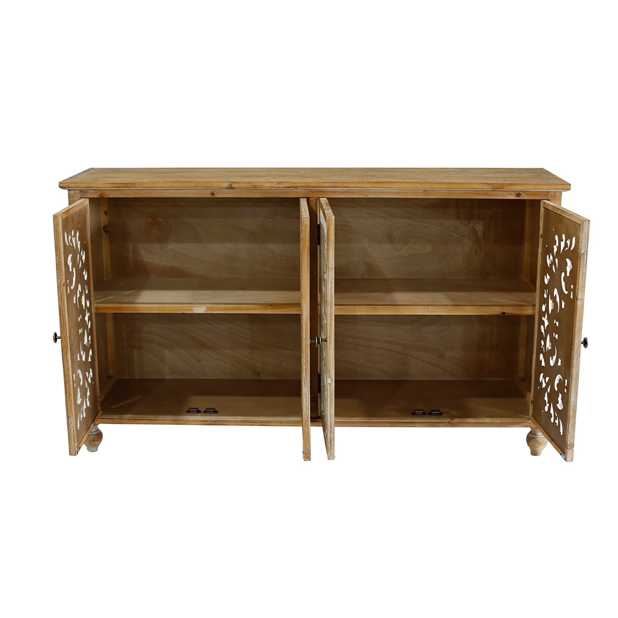 Farmhouse Sideboard Buffet with Storage, Accent Cabinet with 4 Doors, Wood Carved Floral Doors - Natural