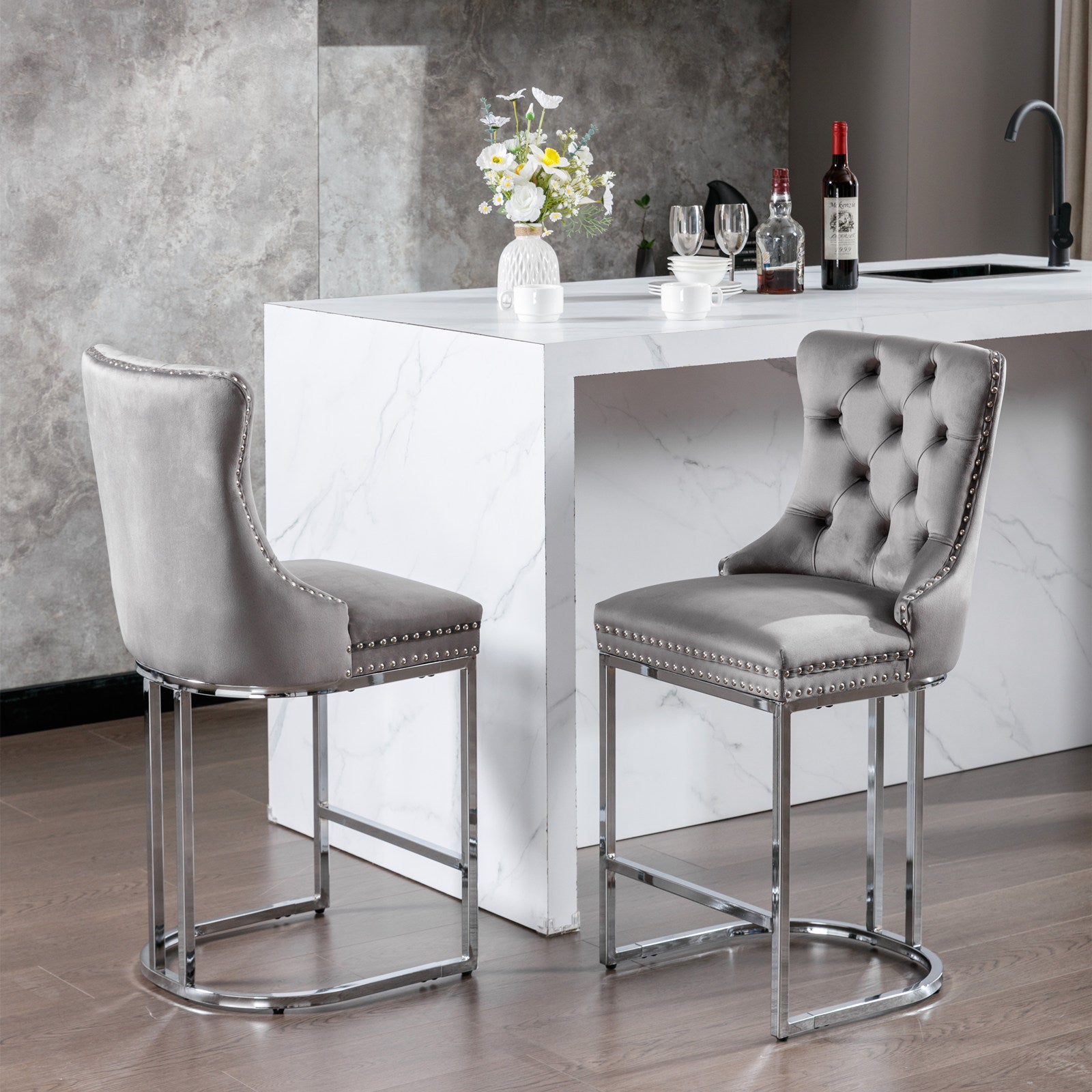 Set of 2, 26" Counter Height Modern Velvet Barstools with Button Back&Rivet Trim Upholstered Kitchen Island Chairs with Sturdy Chromed Metal Base Legs Farmhouse - Gray