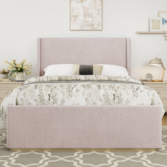 King Size Corduroy Upholstered Bed Frame with Vertical Stripe Wingback Headboard and High Footboard, Pink