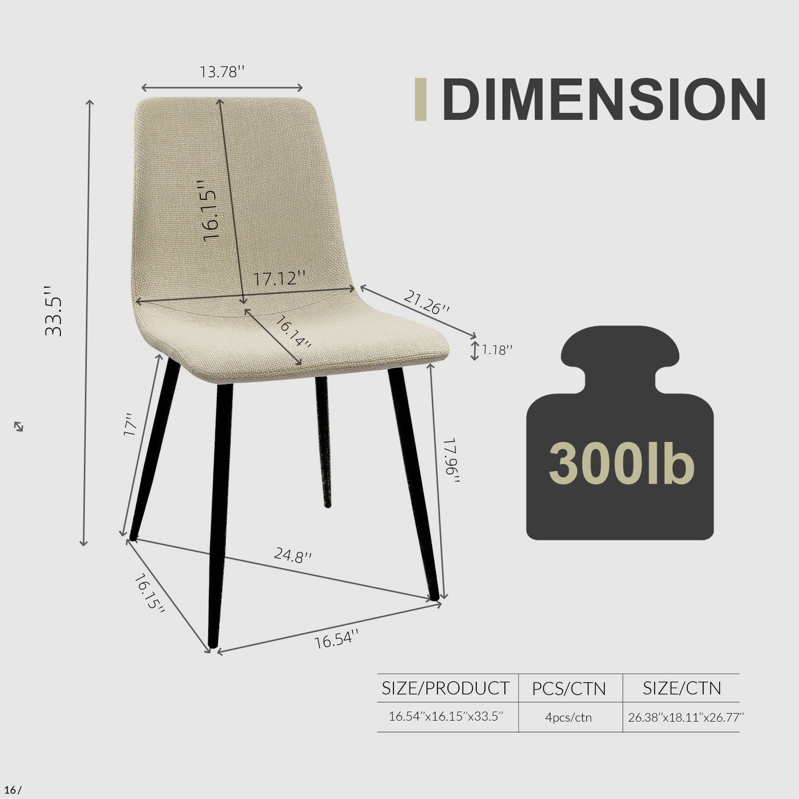 Set of 4 Modern Kitchen Dining Room Chairs, Cushion Seat and Sturdy Black Metal Legs - Beige