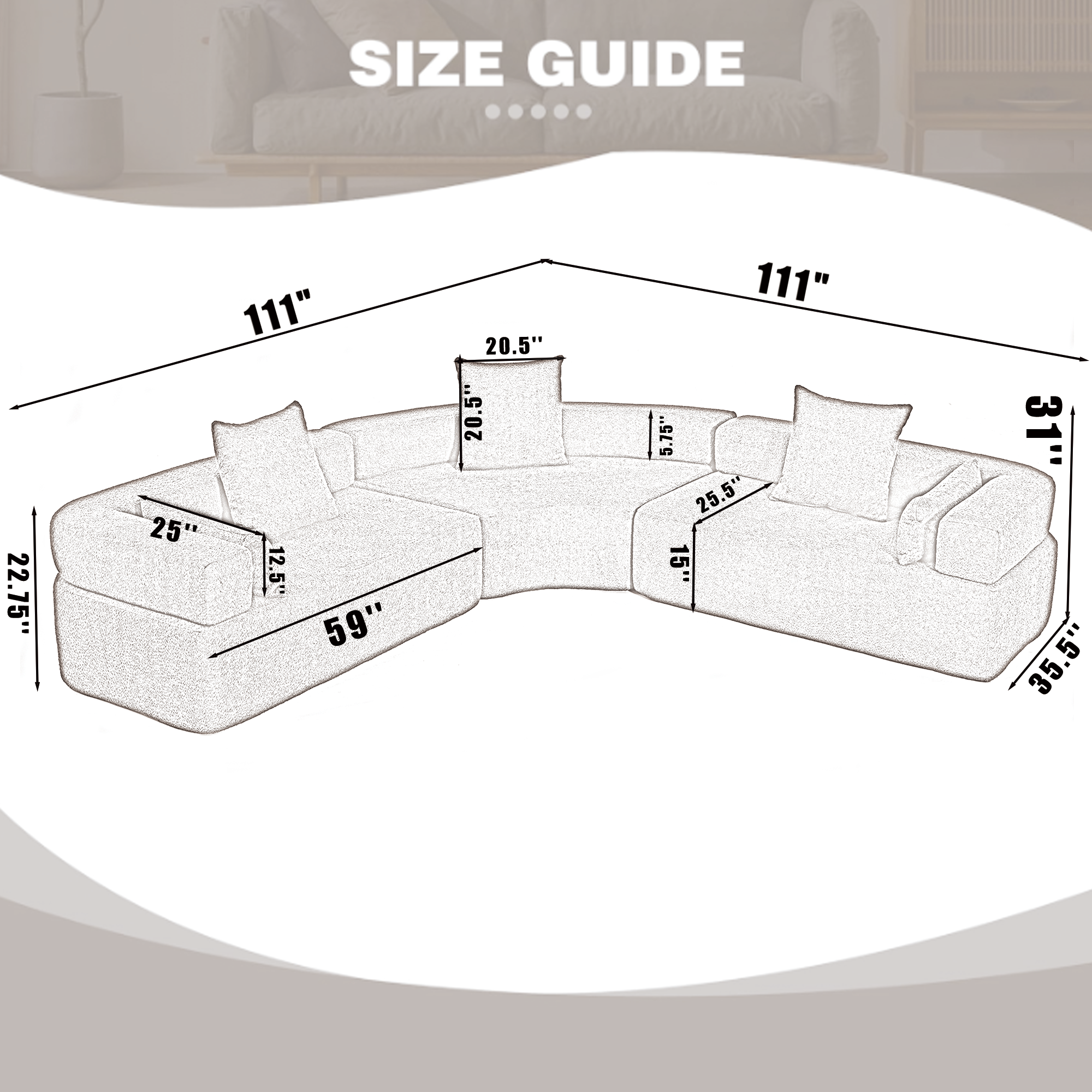 Upholstered 4 Seater Couch for Living Room, Modern Modular 3 Piece Free Combination, Semicircular Modular Sofa - Boucle, Khaki