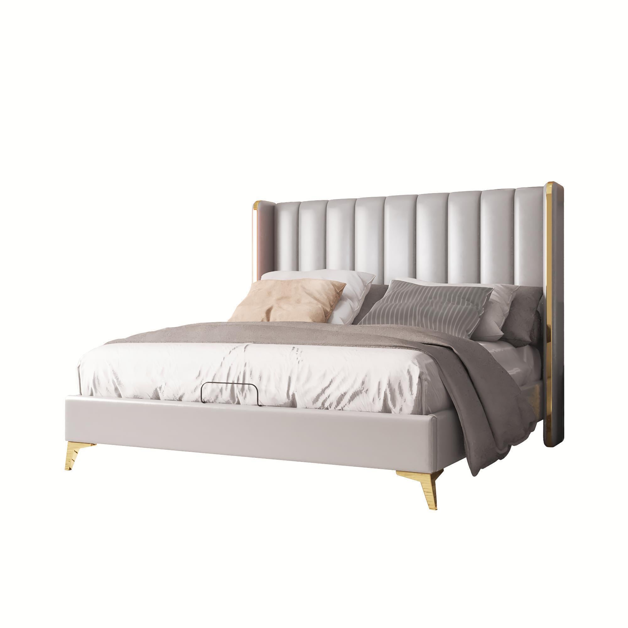 King Size Bed Frame, 56" Tall Headboard Channel Tufted Upholstered - Light Grey