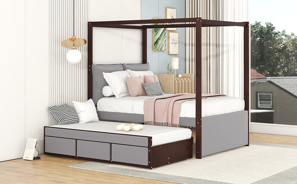 Full Size Upholstered  Canopy Bed with Trundle and 3 Drawers - Gray