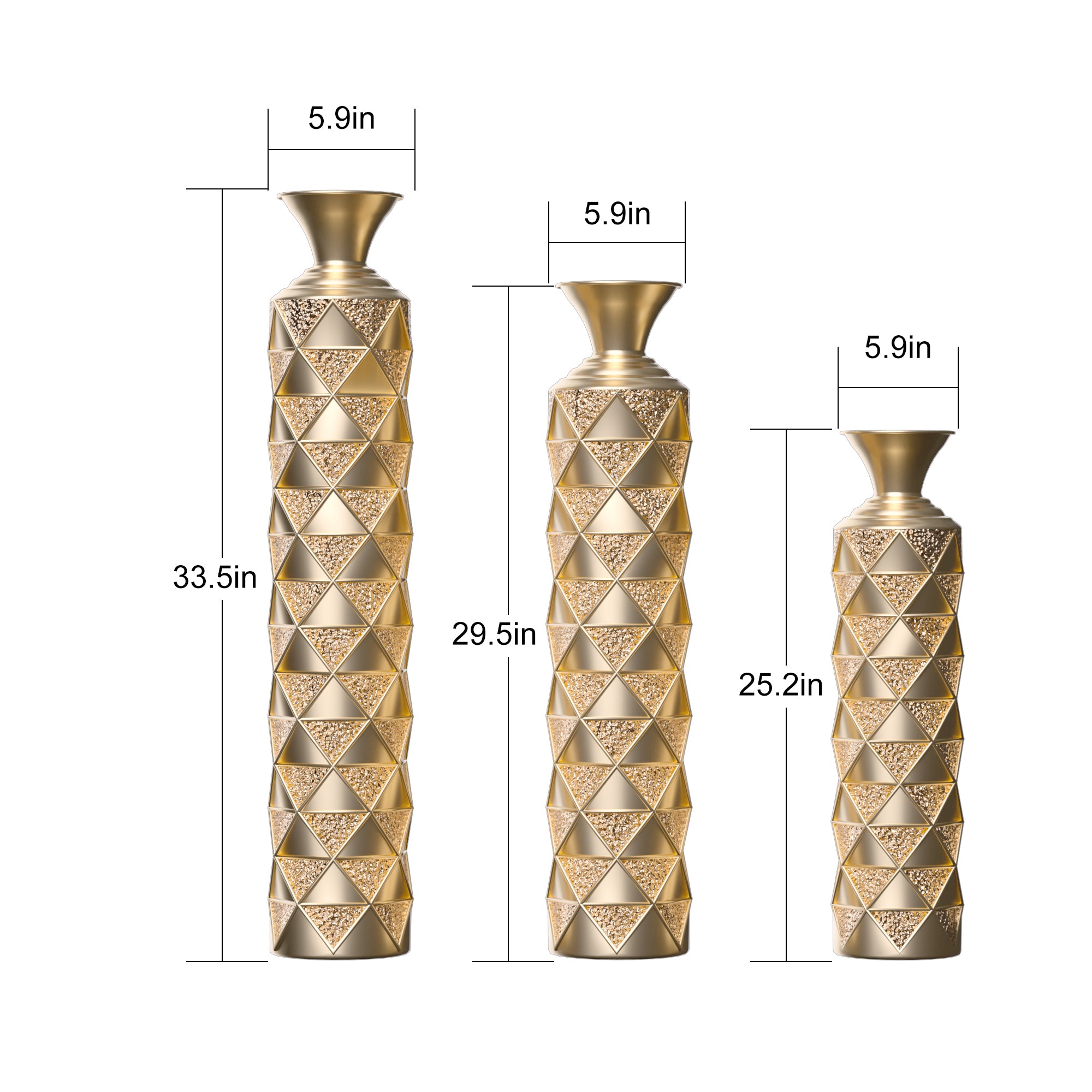 Set of 3 vases 33.5"H, 29.5"H, 25.2"H, High Distress Metal Vase with 3D Triangle Pattern - Gold