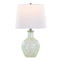 20" Contemporary Glass Accent Lamp in Clear Recycled Spanish Glass, Chrome Metal and White Linen Shade - Set of 2