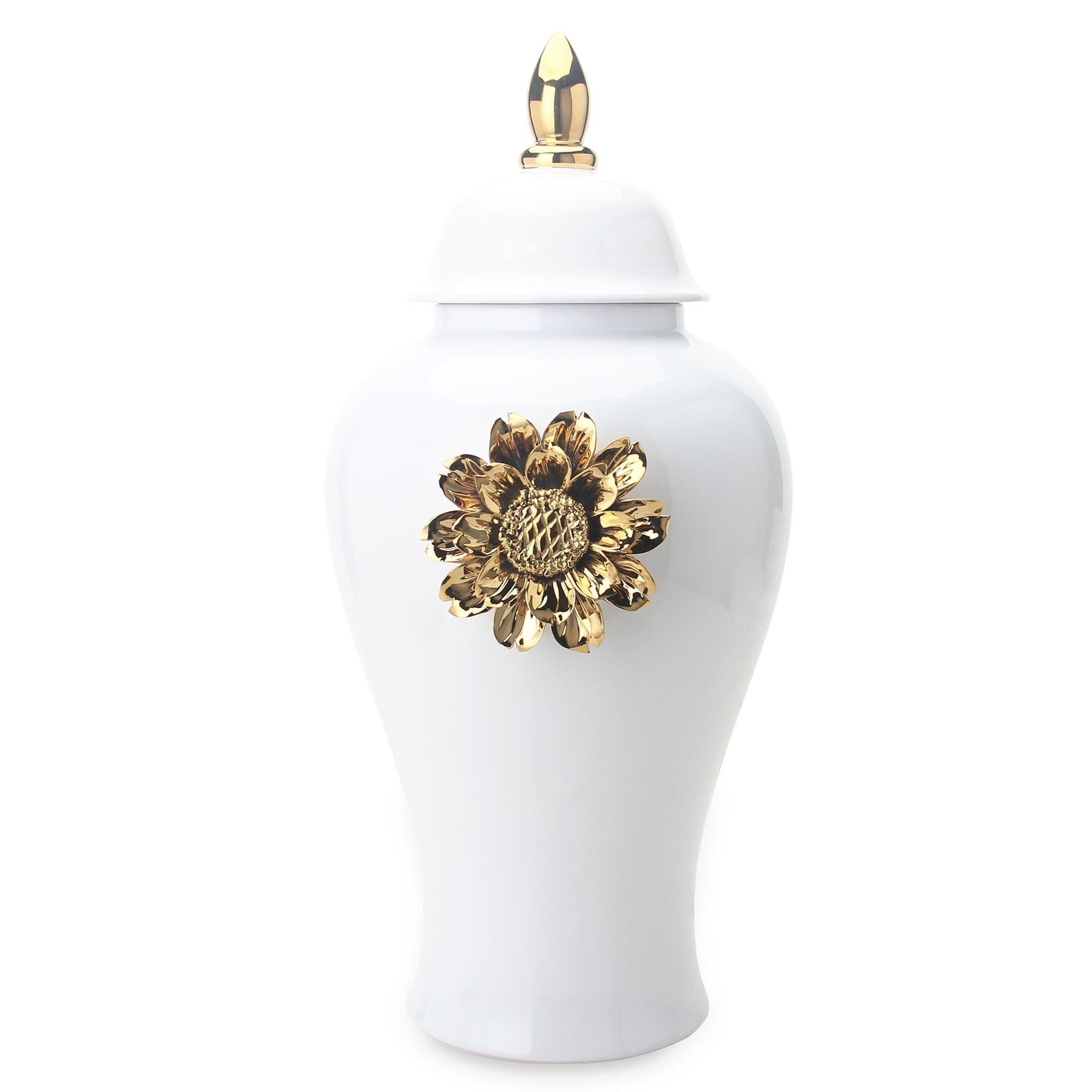 White Ginger Jar with Gilded Flower - Timeless Home Decor