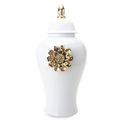 White Ginger Jar with Gilded Flower - Timeless Home Decor