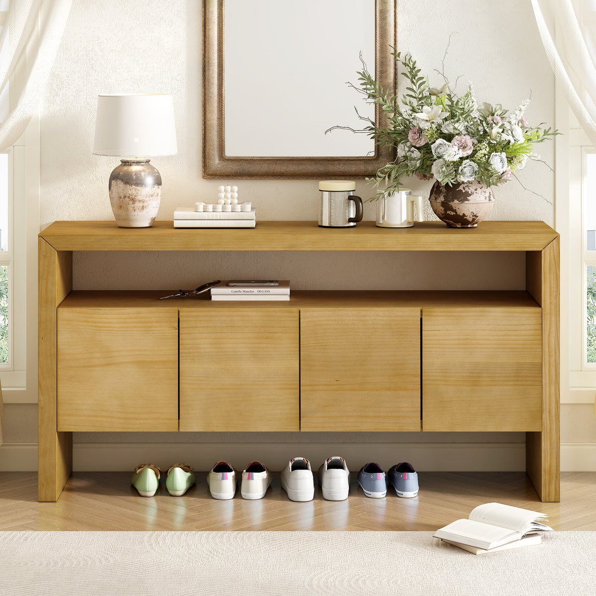 Style 60' 4-Door Sideboard, Modern Minimalist Solid Wood Veneer Sideboard with Open Shelf, Natural Wood Grain, Large Capacity Storage Console for Living Room, Hallway, Dining (Black/Natural)
