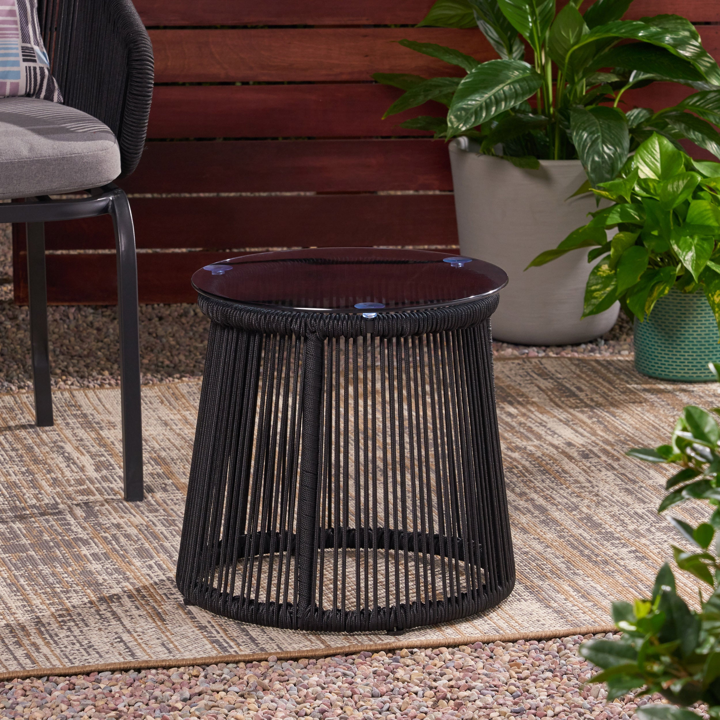 Boho Woven Rope Side Table - Black