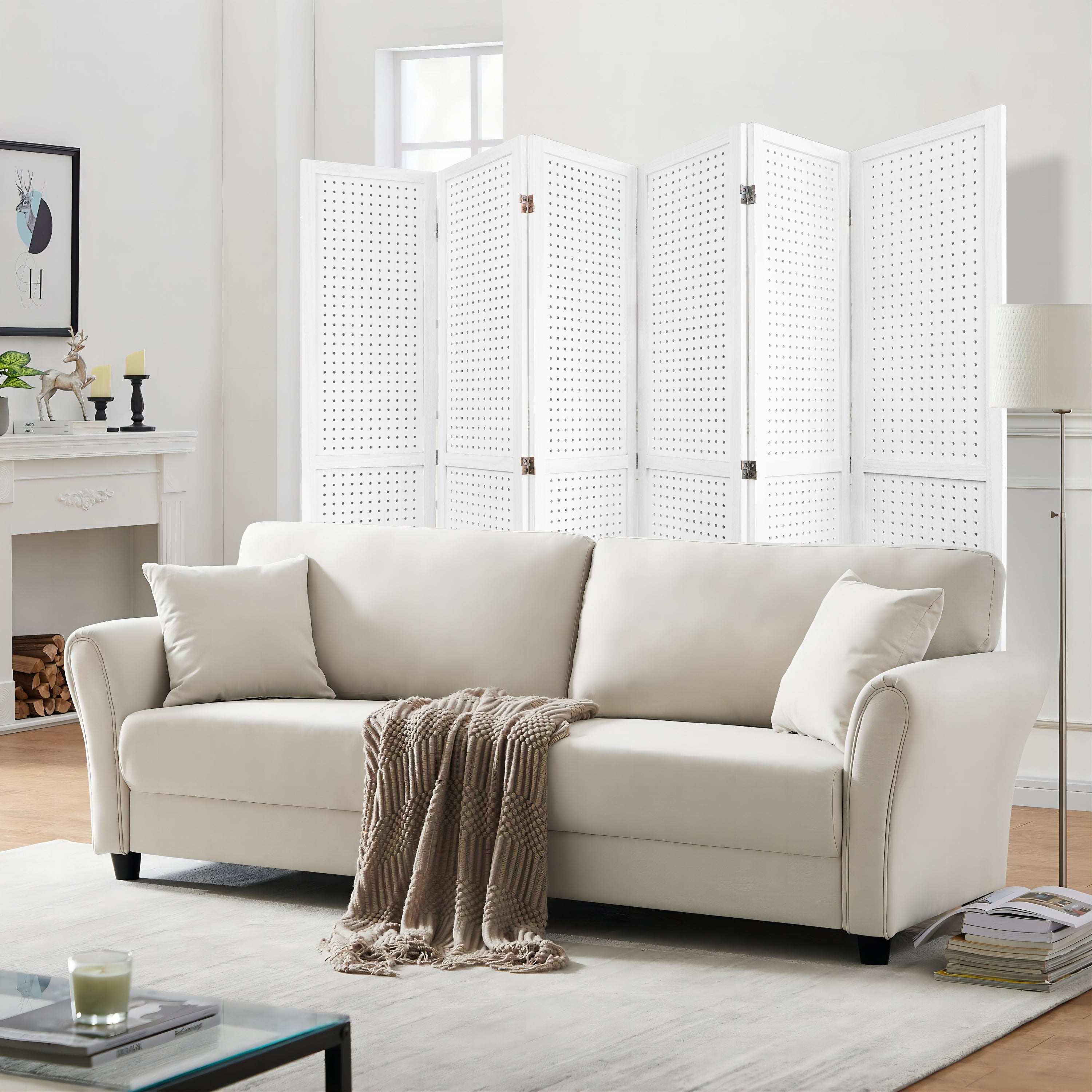 6 Panel Room Divider, 5.6Ft Pegboard Display Wooden Room Divider Folding Privacy Screen Room Divider - Elegant White