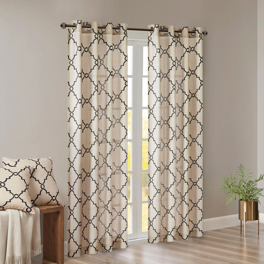 50x108"  Fretwork Print Grommet Top Window Curtain Panel - Khaki+Black (1 panel only)