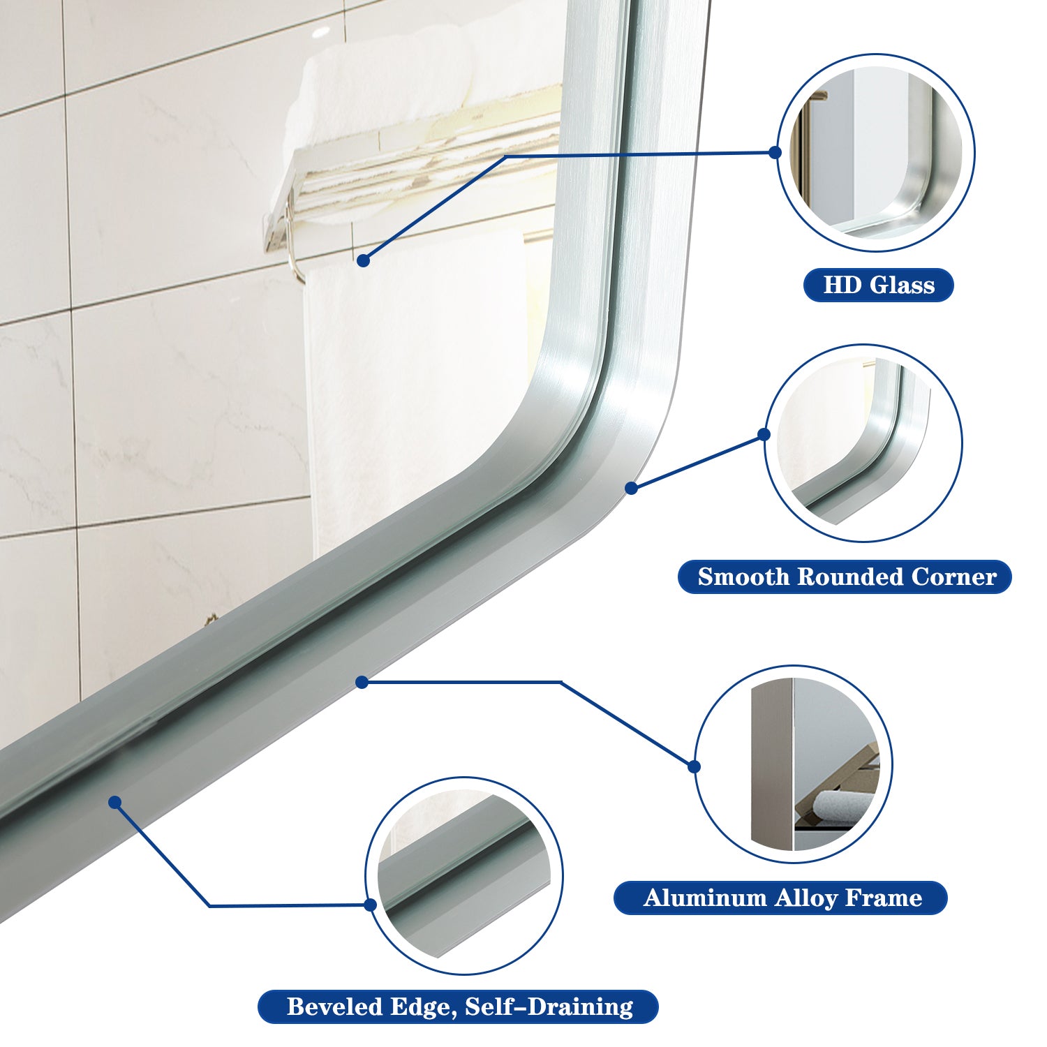 Glossy Brushed Silver Rounded Corner Rectangle Wall Mirror 36x30inch  (Horizontal & Vertical)
