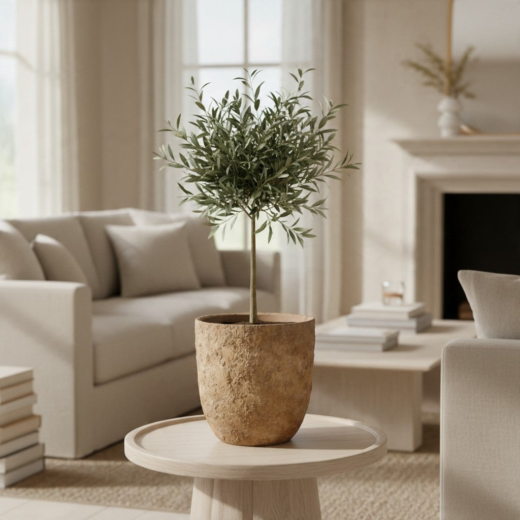 11" tall Minimalist Hand-Painted & Textured Planter Pot with Drainage Hole - Earth Brown