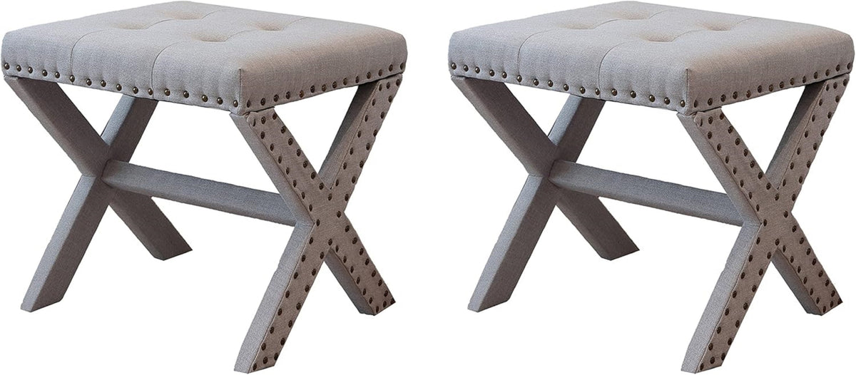 Set of 2 Silver Modern Chic Vanity Stool Upholstered Chair Soft Linen Fabric - Light Gray