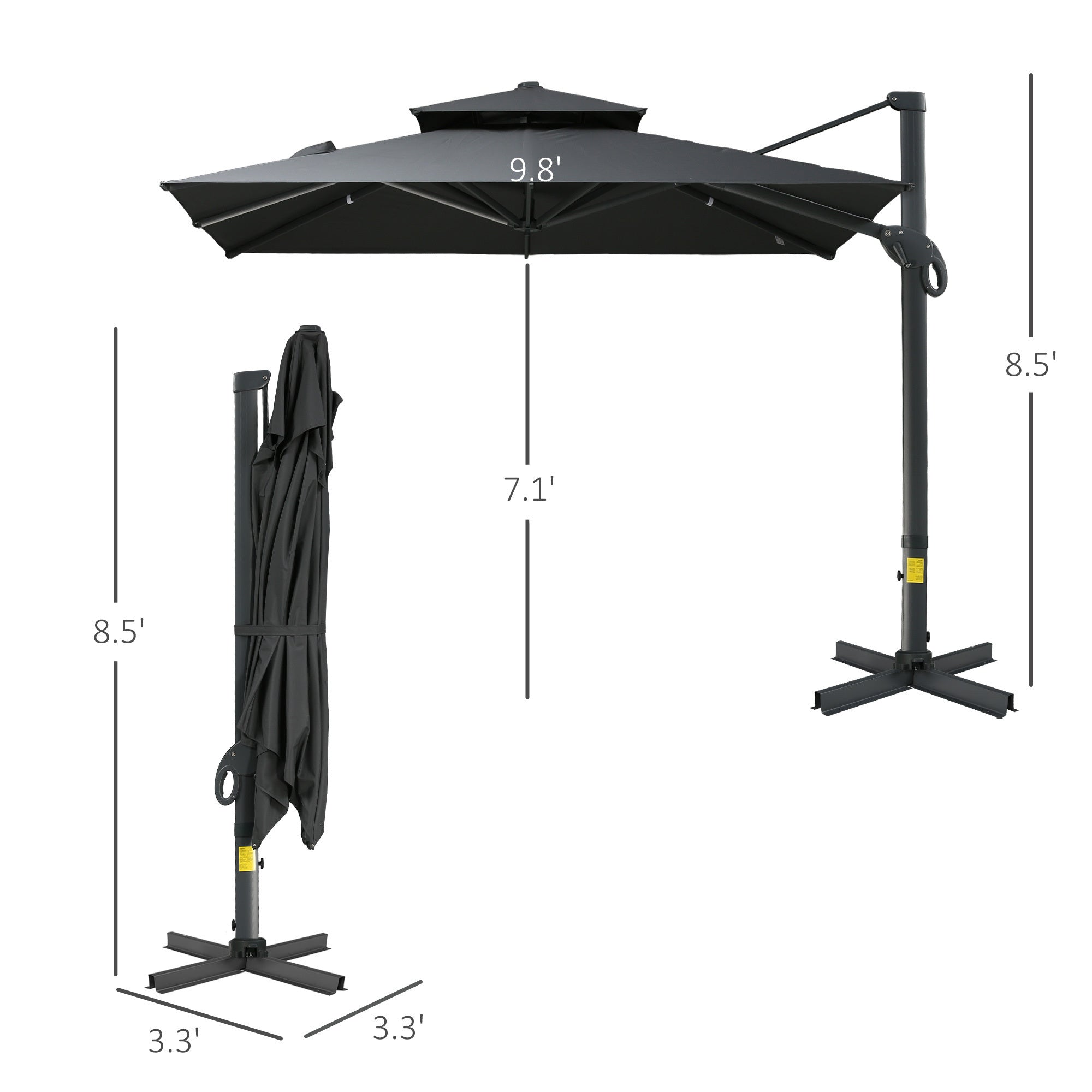 10ft Offset Patio Umbrella, Hanging Cantilever Umbrella, Square Shape, Aluminum Cross Base, Tilt, 360-Degree Rotation - Gray