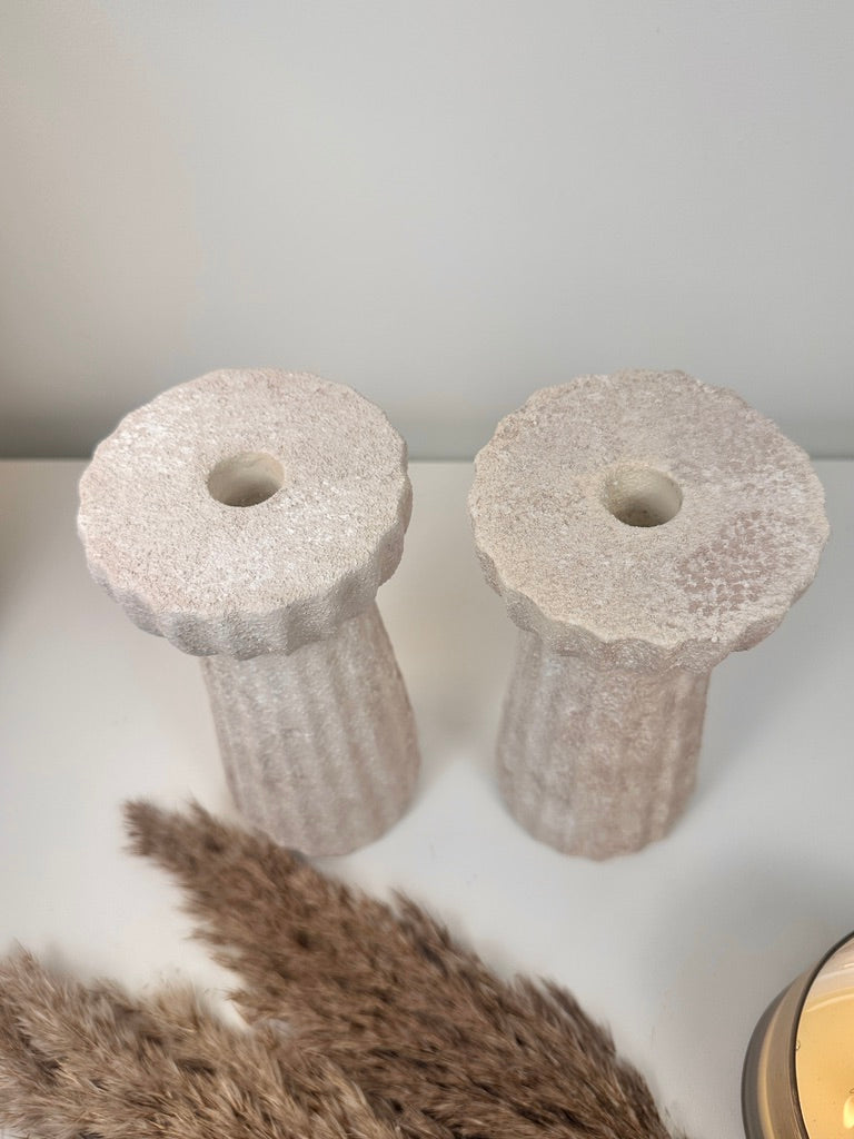 Set of 2 Textured Hand-Painted Candlestick 10" tall - Beige Washed