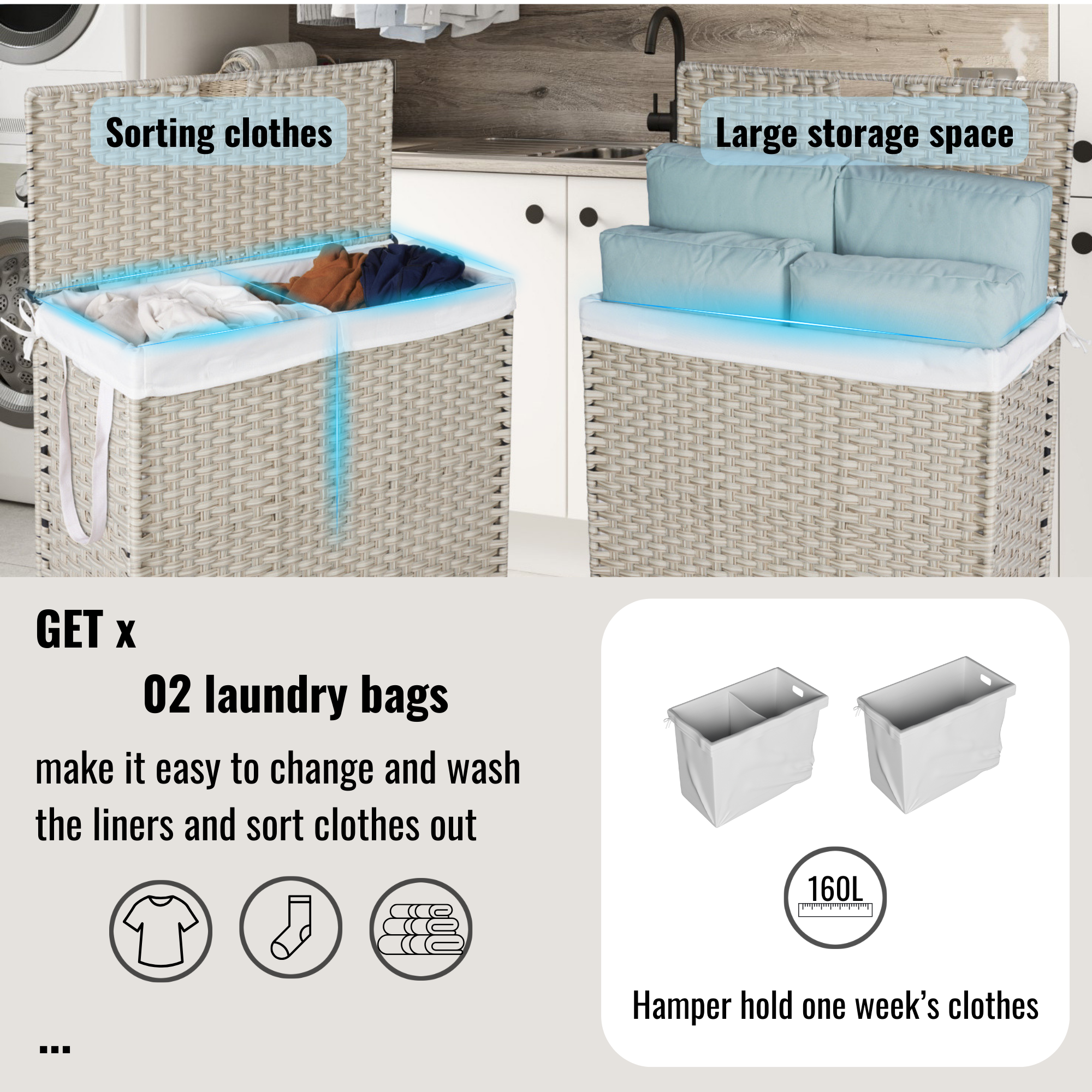 Laundry Hamper With Lid PE Rattan Powder Coating Frame Clothes Hampers with 2 Removable Bags, Wheels, 160L, Light Grey
