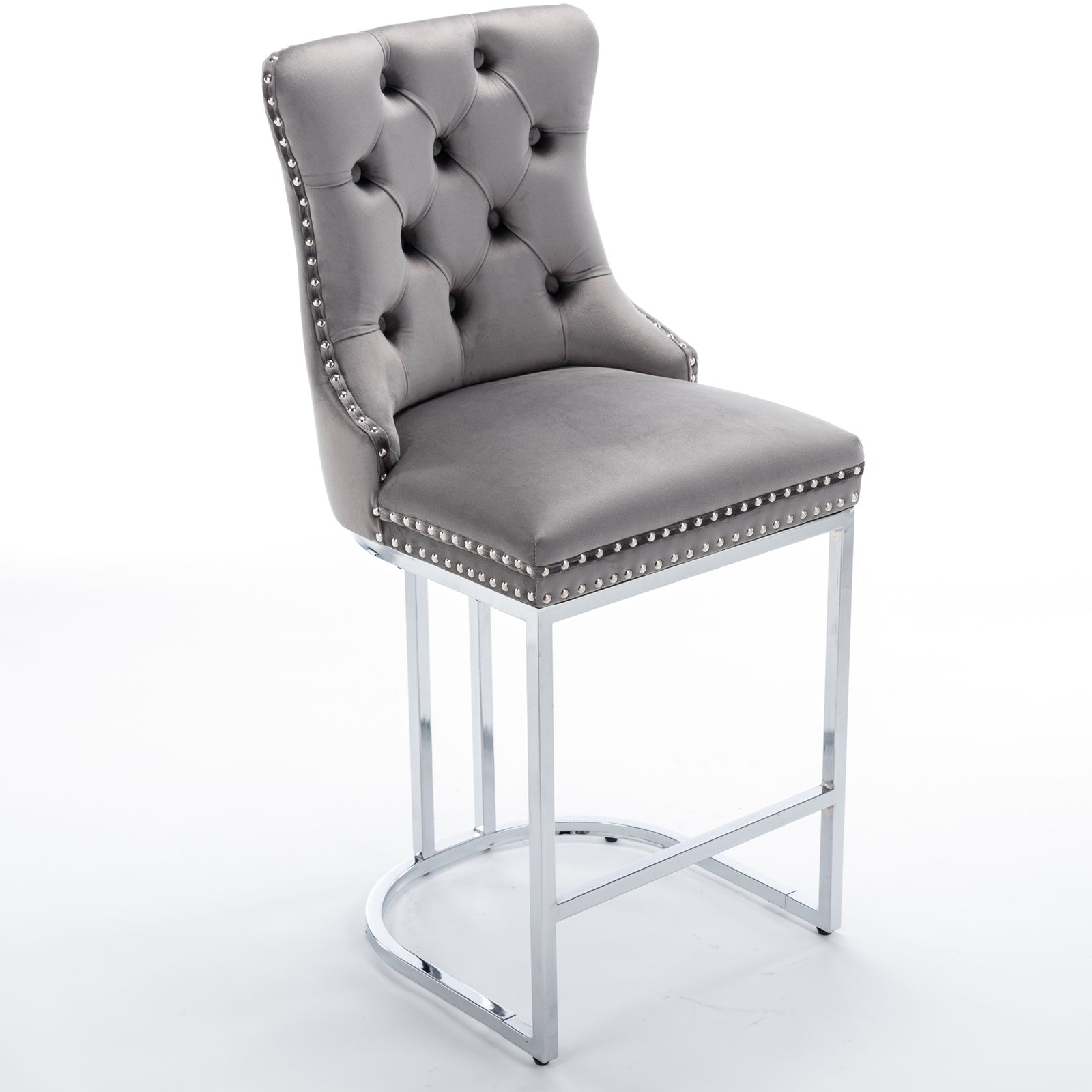 Set of 2, 26" Counter Height Modern Velvet Barstools with Button Back&Rivet Trim Upholstered Kitchen Island Chairs with Sturdy Chromed Metal Base Legs Farmhouse - Gray