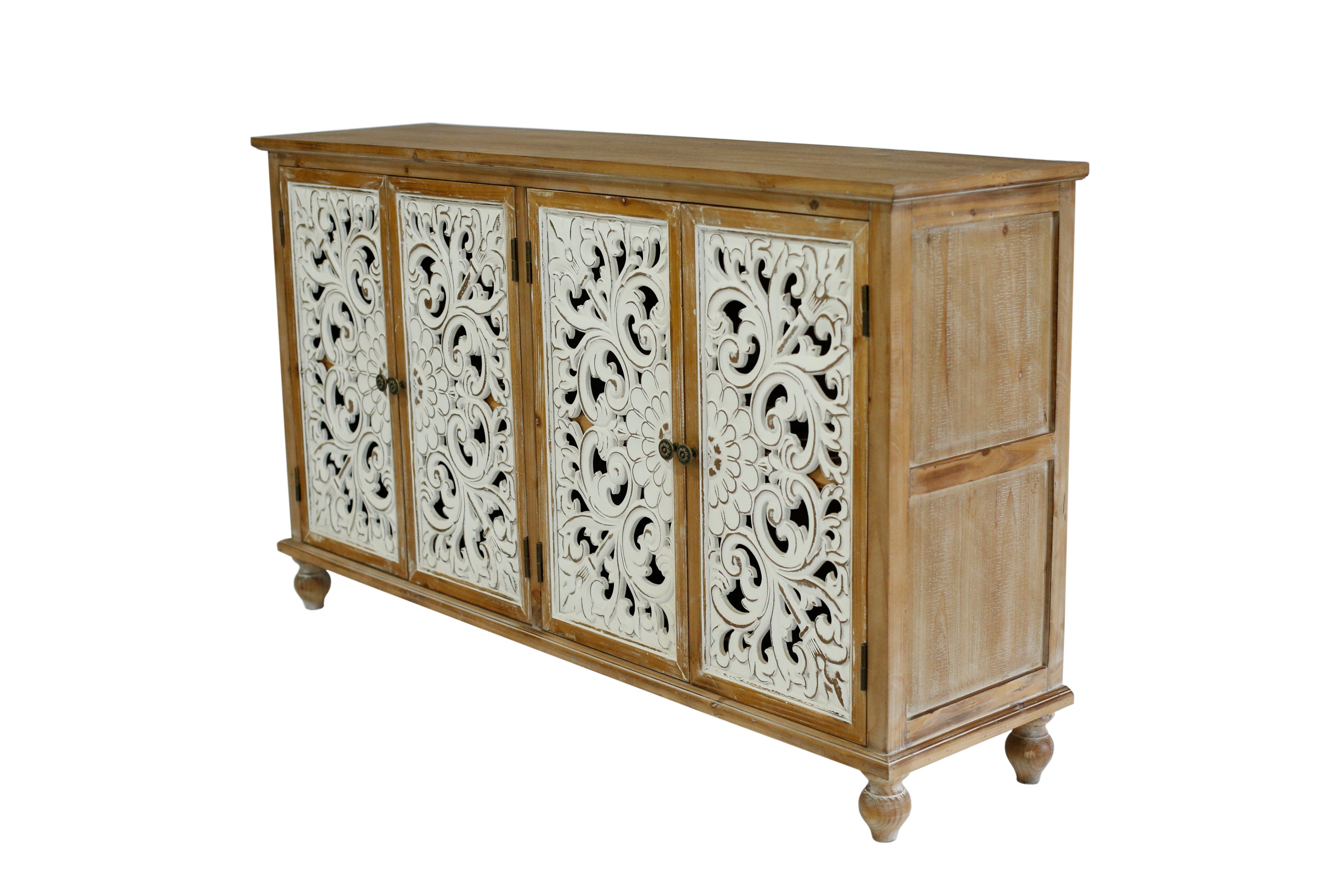 Farmhouse Sideboard Buffet with Storage, Accent Cabinet with 4 Doors, Wood Carved Floral Doors - Natural
