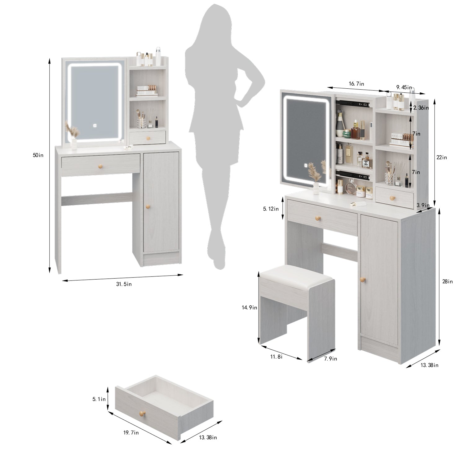 Vanity Table + Cushioned Stool, With 2 AC Power + 2 USB Socket, Extra Large Sliding LED Mirror