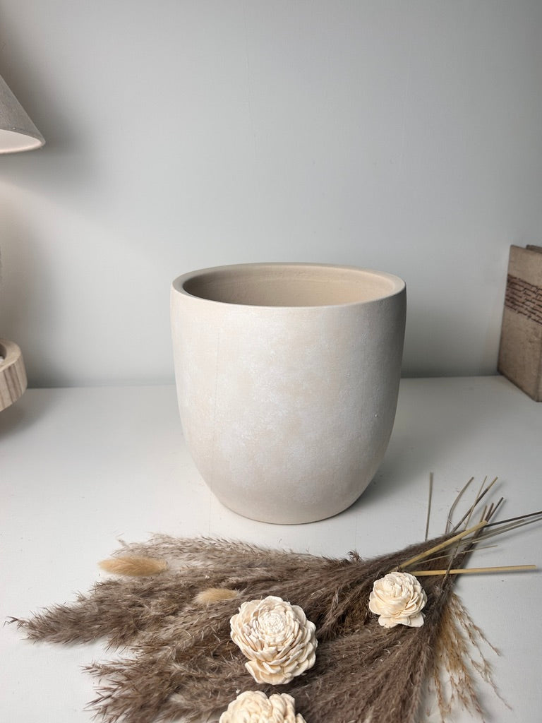 9" tall Minimalist Hand-Painted & Textured Planter Pot with drainage hole - Sand wash