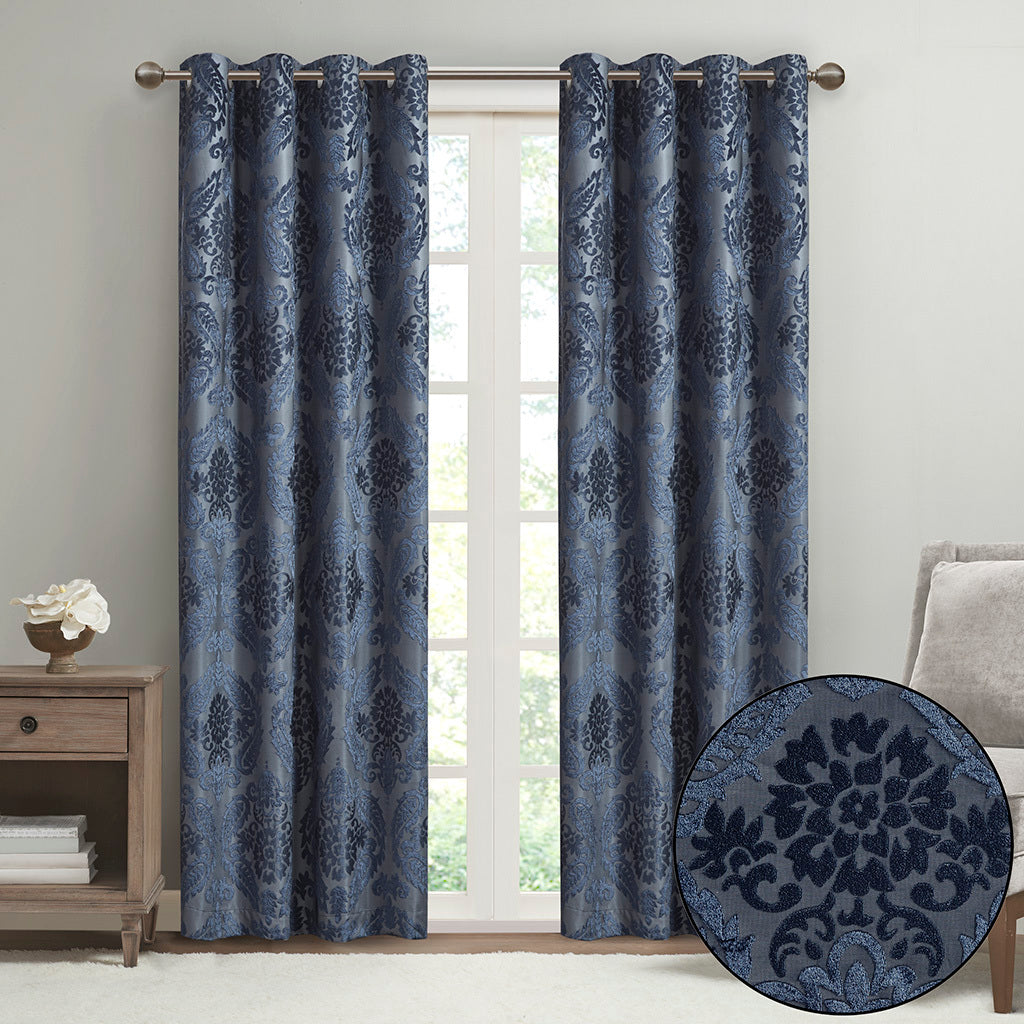 50x84" Knitted Jacquard Paisley Total Blackout Grommet Top Curtain Panel - Navy