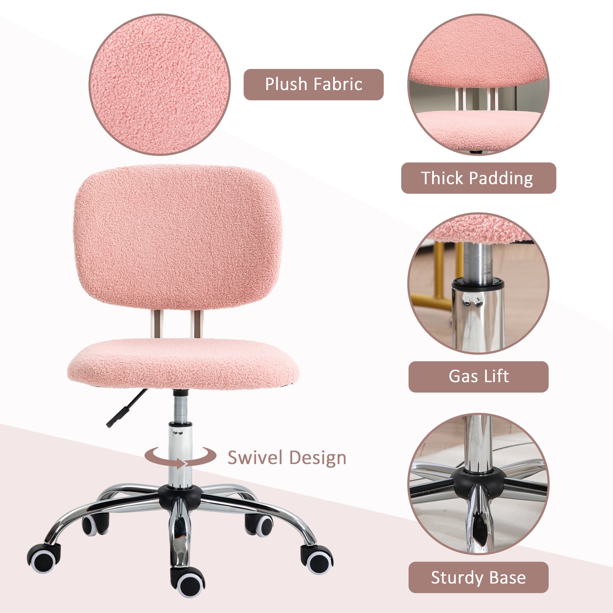 Cute Armless Office Chair, Teddy Fleece Fabric Computer Desk Chair, Vanity Task Chair with Adjustable Height, Swivel Wheels, Mid Back - Pink