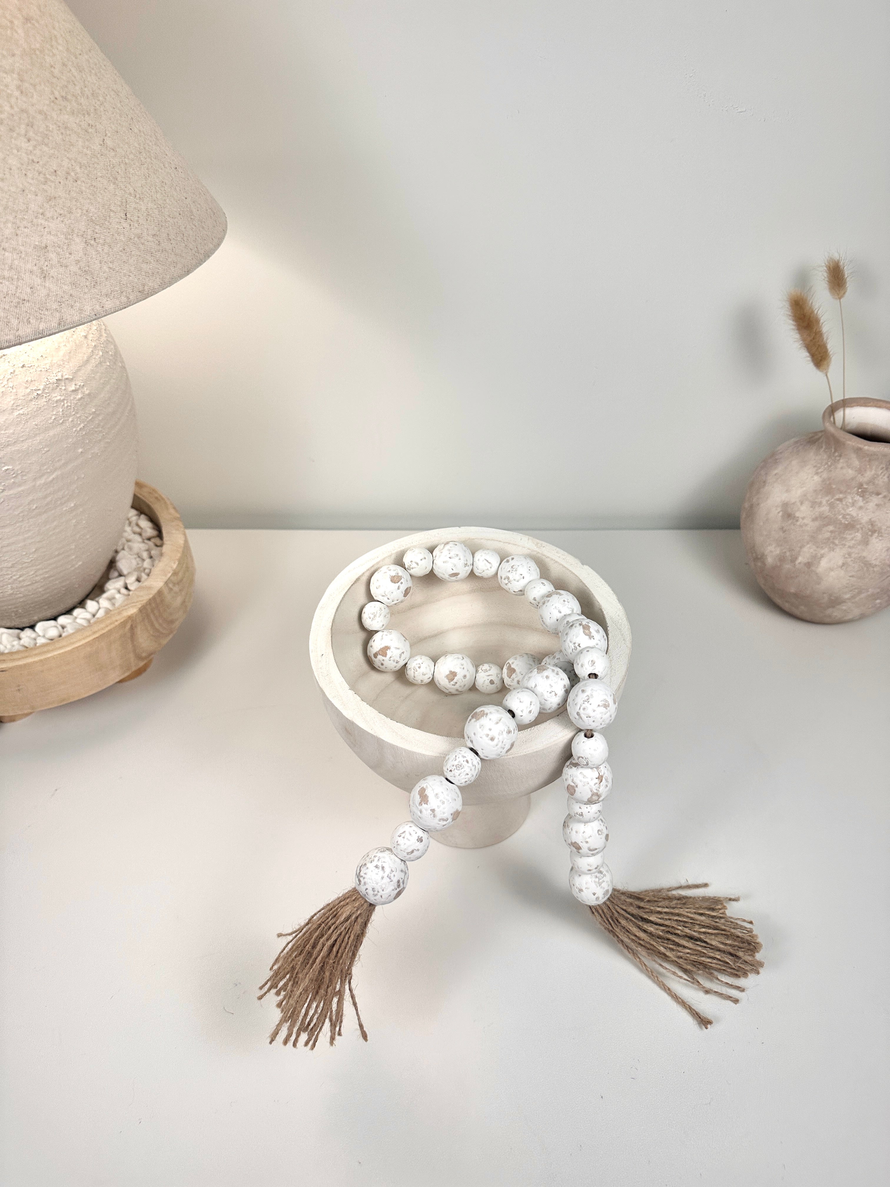 Set of 2 Boho Paulownia Bowl Tray 7"tall Ivory Sand + Wood Bead Garland